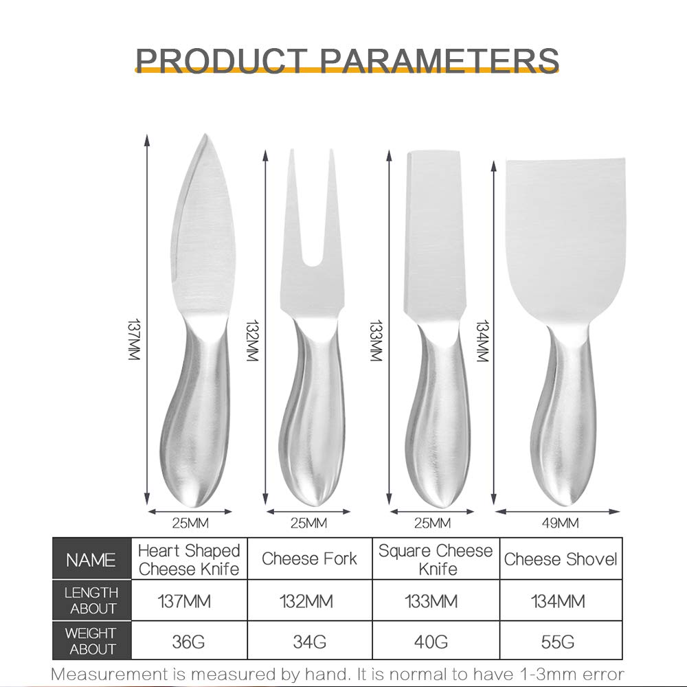 4-Piece Stainless Steel Cheese Knives Set - Cheese Cutter, Slicer & Fork for Charcuterie Boards, Wine Parties & Gourmet Cheese Tasting (Silver)