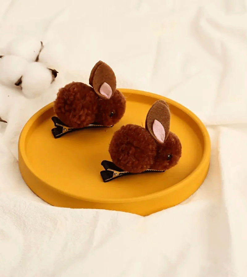 Dark Brown Rabbit Pom Pom Hair Clip - Cute Animal Hair Accessories for Women & Girls - Perfect for School, Parties & Everyday Wear