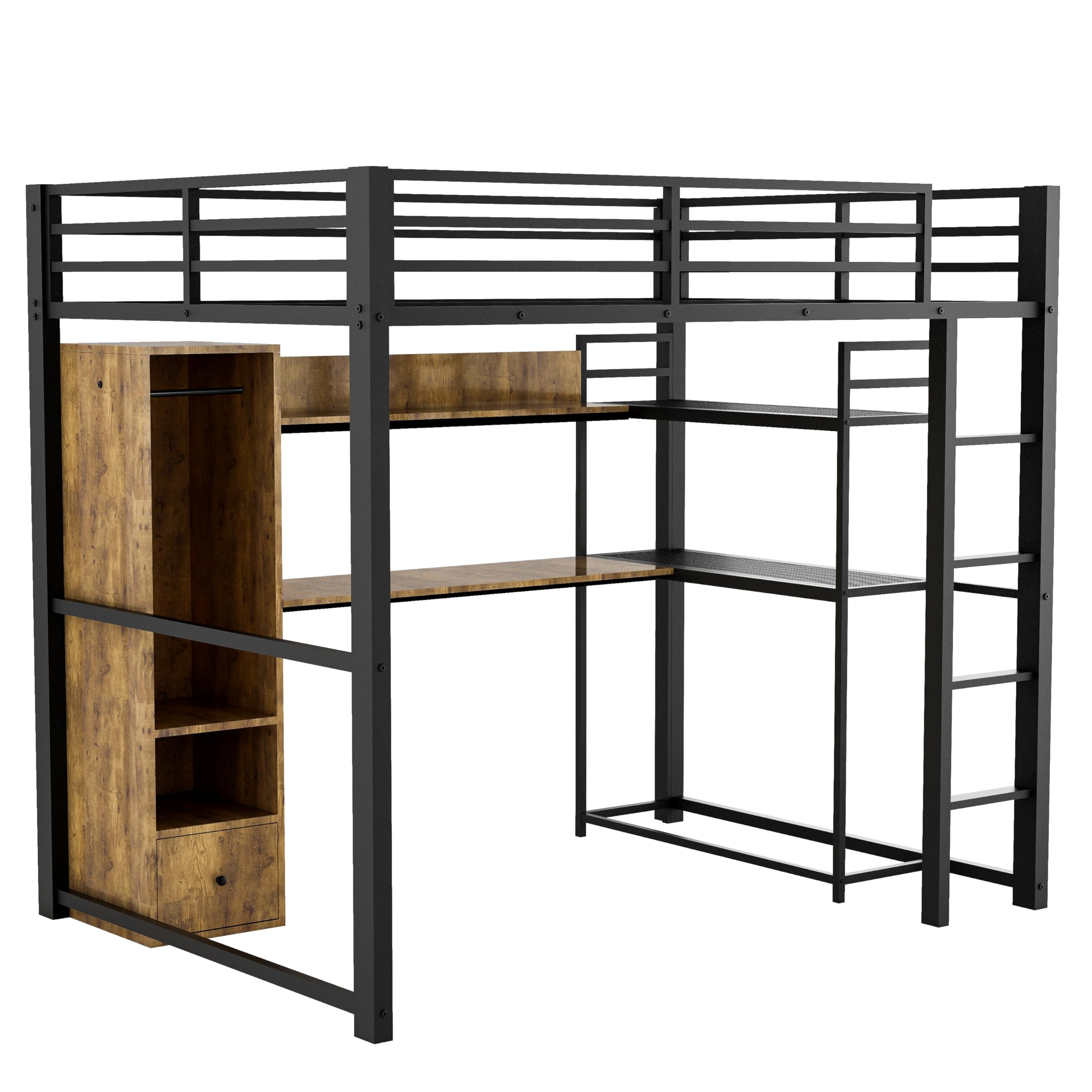 Full Size Loft Bed with Desk & Wardrobe - Heavy Duty Metal Loft Bed with Storage Shelves & Drawers - Space Saving Black Loft Bed with Bookshelf for Kids, Teens & Adults - Perfect for Small Bedrooms, Dorms & Studio Apartments