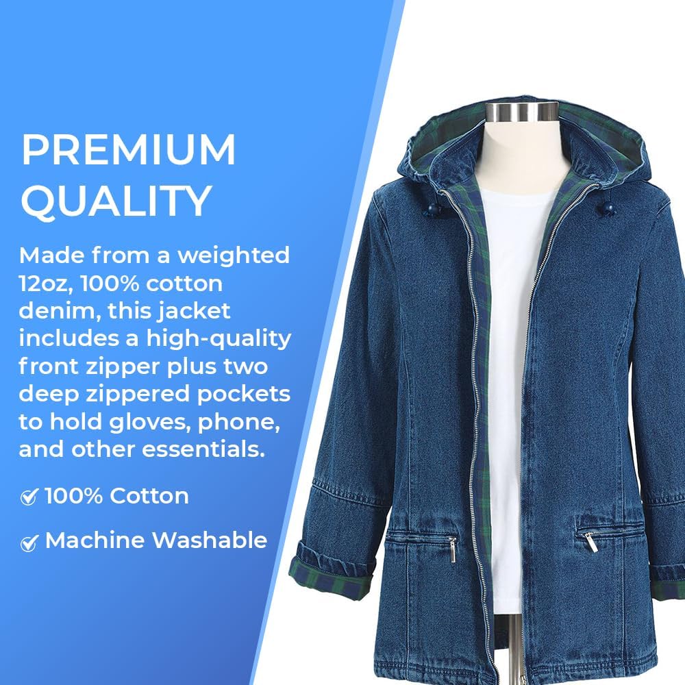 SAGEFINDS Women’s Flannel Lined Denim Jacket with Detachable Hood - 100% Cotton Zip Front Jacket with Side Pockets | Casual Outerwear for Fall & Winter, Perfect for Outdoor Activities and Daily Wear