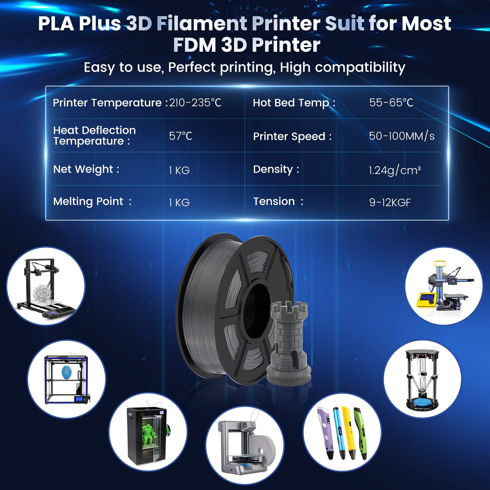 SUNLU PLA Plus 3D Printer Filament 1.75mm 2KG Spool (2-Pack Grey) - High Precision +/-0.02mm for FDM Printers - Perfect for Home DIY, Prototyping & Cosplay Projects