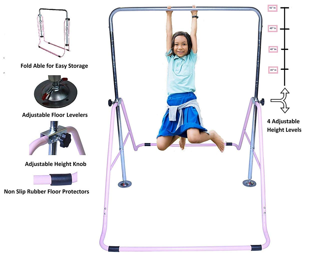 Adjustable Kids Gymnastics Training Bar with 6'x2' Tumble Mat - Home Gym Equipment for Junior Gymnasts | Foldable Horizontal Kip Bar & Monkey Bars for Indoor Playground | Perfect for Home Training, Backyard Play & Gymnastics Practice