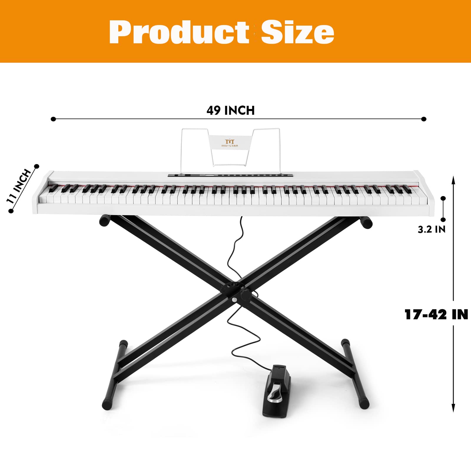 MUSTAR 88 Key Semi-Weighted Digital Piano for Beginners - Full Size Electric Keyboard with Stand, Built-in Speakers & Sustain Pedal (White) - Perfect for Home Practice, Music Lessons & Studio Recording