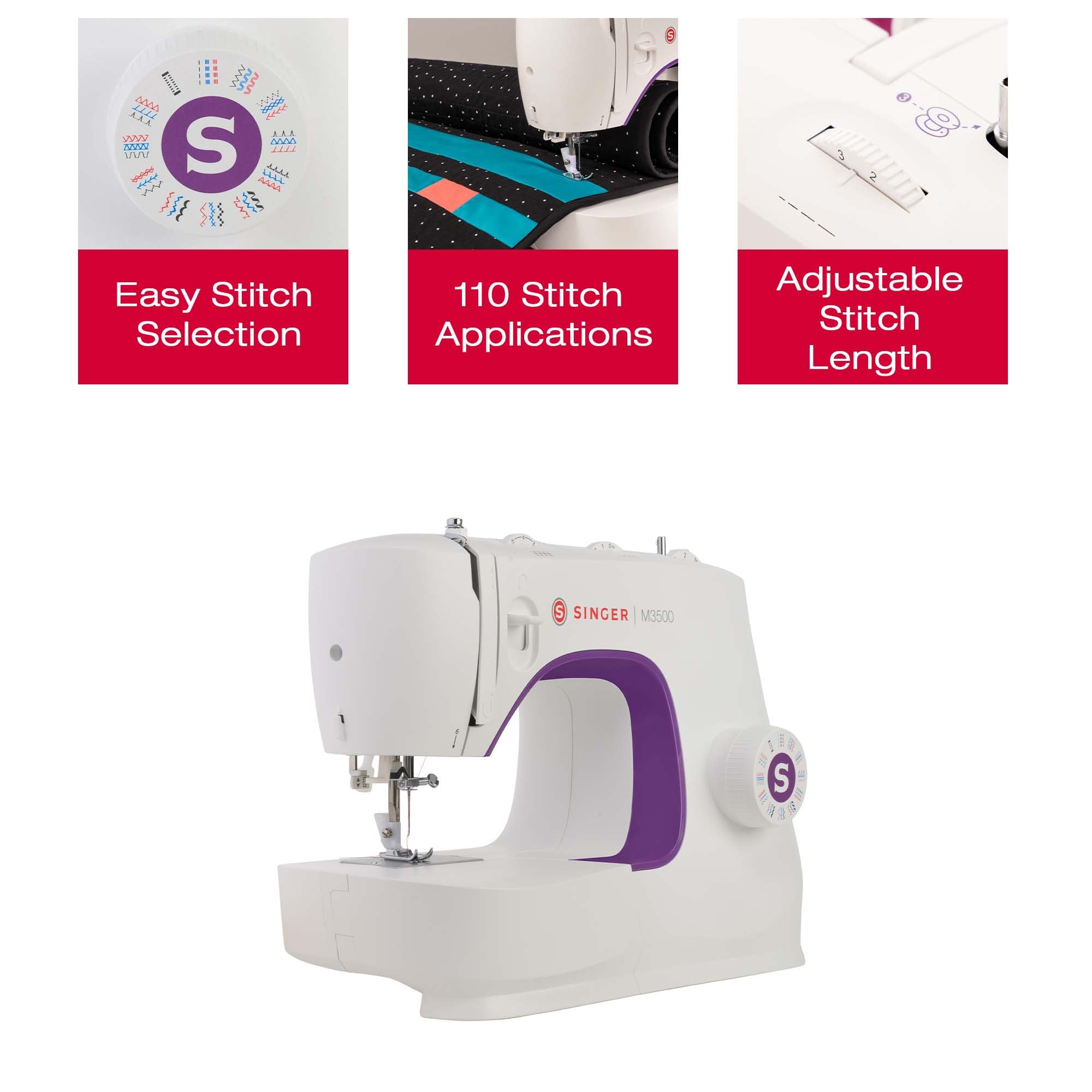SINGER M3500 Lightweight Portable Sewing Machine with 110 Stitch Patterns, LED Light & Automatic Buttonhole | Complete Accessory Kit Included | Perfect for Quilting, DIY Crafts, Clothing Repair & Home Mending Projects