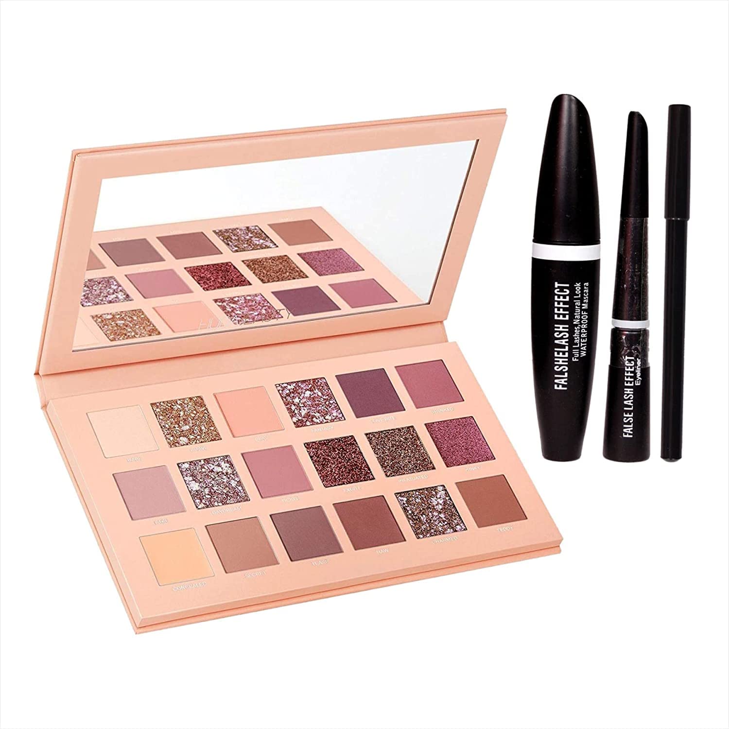 Nude Edition 18-Color Eyeshadow Palette - Shimmer & Matte Makeup Set with Waterproof Eyeliner, Mascara & Kajal (3-in-1 Combo, 18g) | Perfect for Day to Night Makeup, Party & Special Occasions