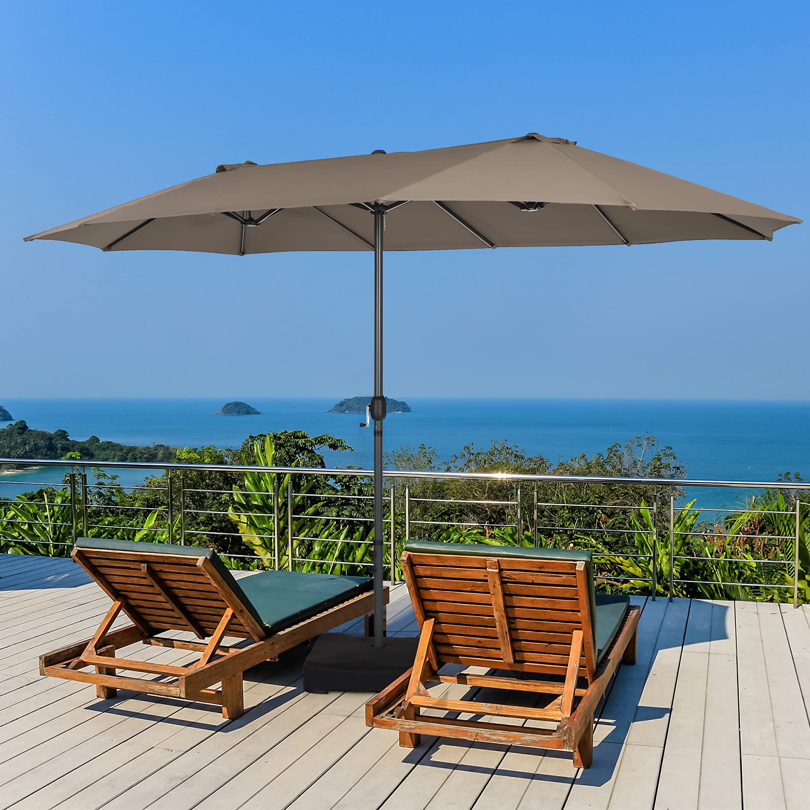 Tangkula 15FT Double-Sided Patio Umbrella with Hand-Crank System - Extra Large Outdoor Market Umbrella with 12-Rib Structure & Reinforced Base - Perfect for Backyard, Poolside, Restaurant, Cafe and Commercial Use (Coffee Brown)