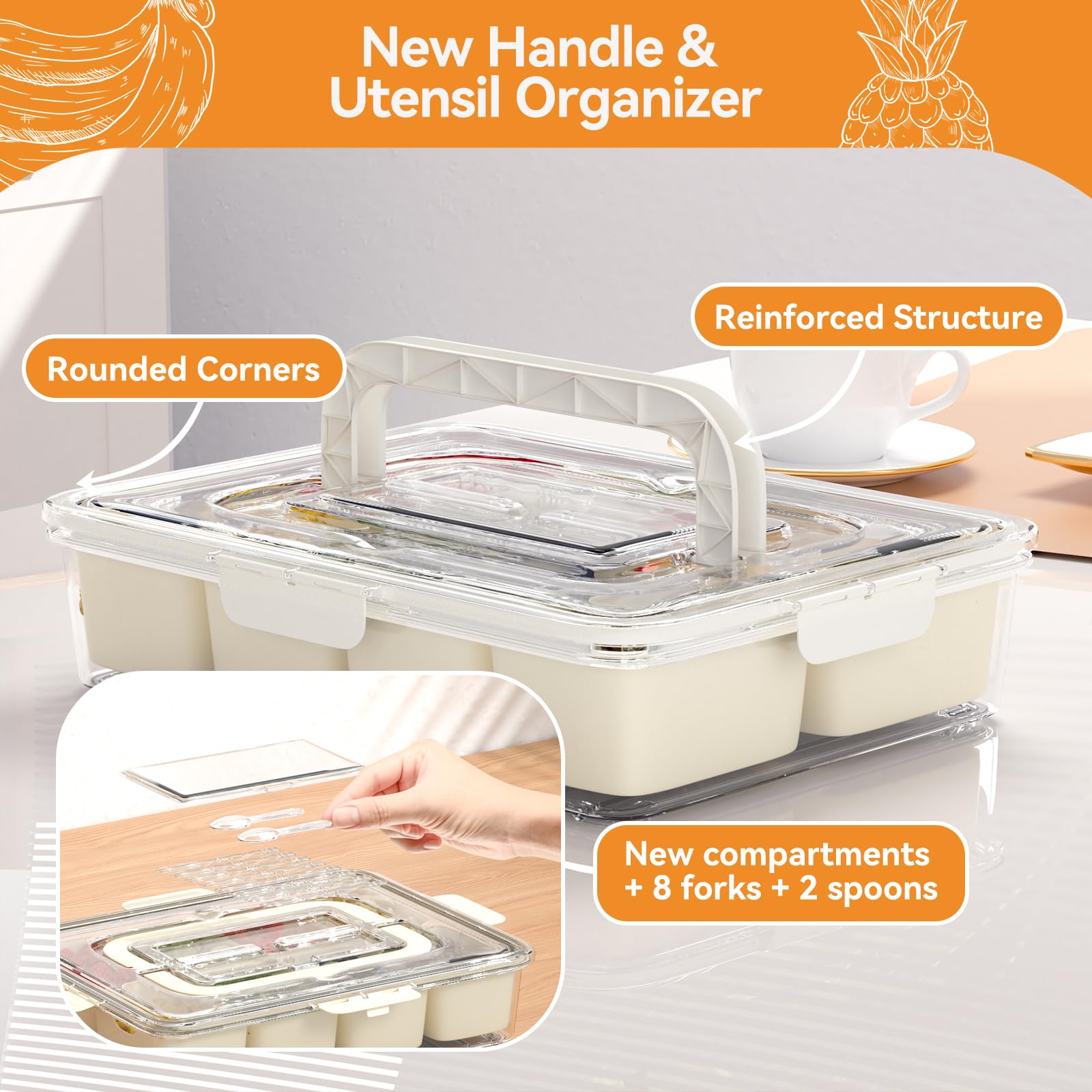 Dimber Snackle Box Container with Lid & Handle - 8 Fruit Forks & 2 Spoons Included - Divided Serving Tray with Cutlery Organizer - Perfect for Sports Events, Picnics, Office Snacks, Candy, Fruits & Salad Bar (1-Pack) - Portable Food Storage Solution for On-the-Go Meals