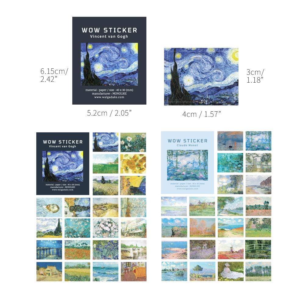 Monolike Wow Sticker Gogh + Monet Set - Mini Square Cute Stickers for Scrapbooking, Journaling, DIY Crafts & Planner Decoration