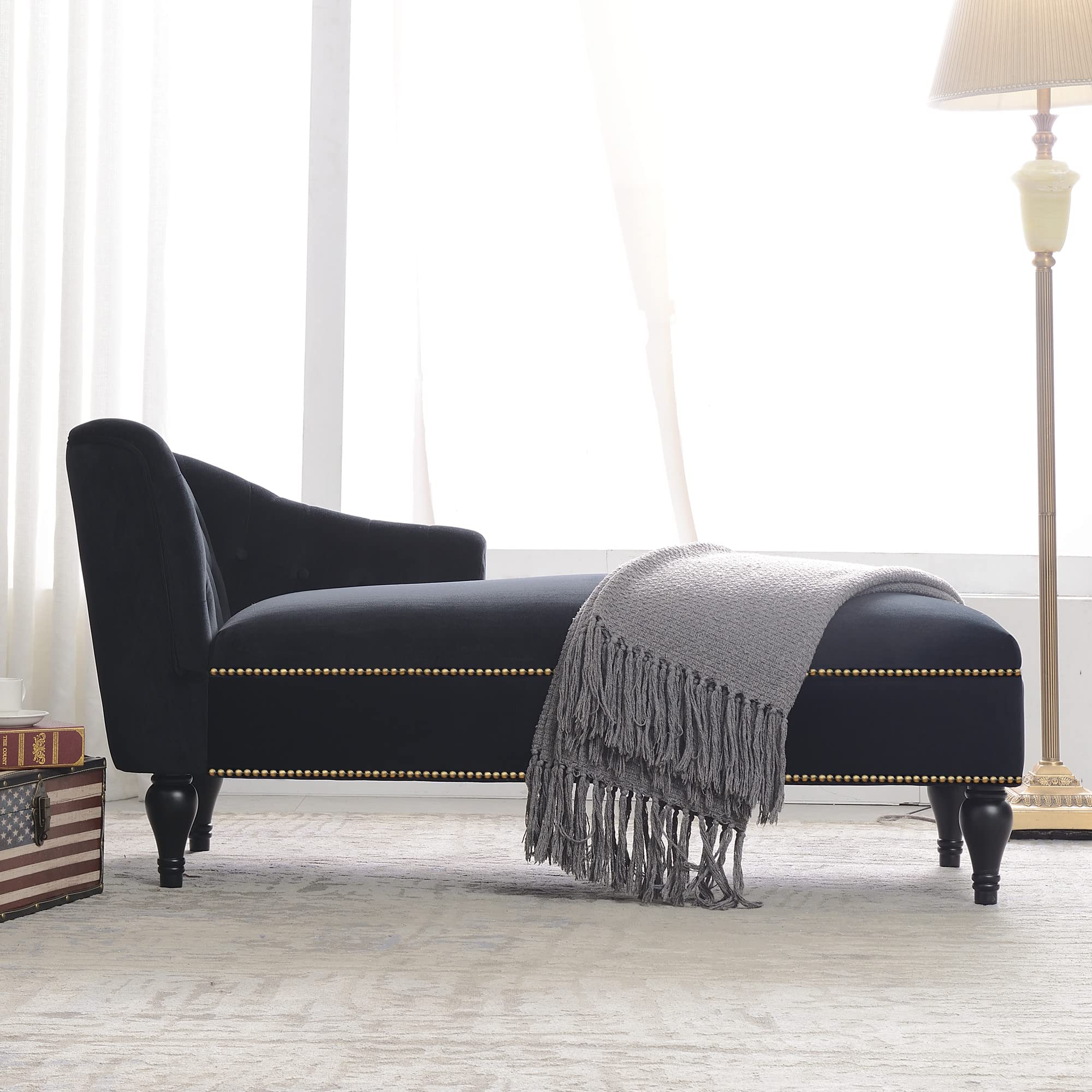 Velvet Upholstered Chaise Lounge Chair - Modern Corner Sofa Bed for Living Room, Bedroom & Office - Small Space Furniture for Apartments (Black) | Perfect for Relaxing, Reading & Napping