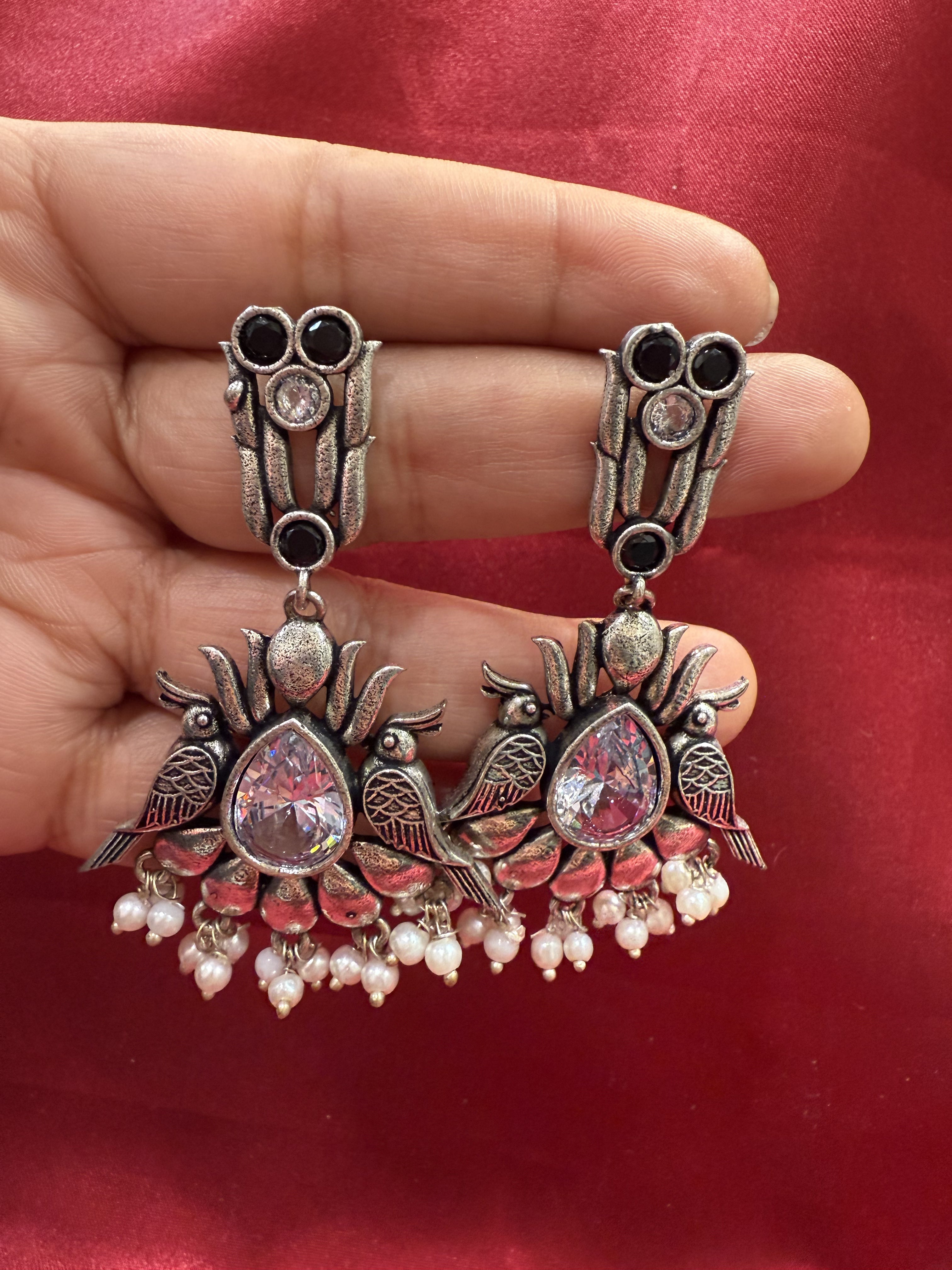 Elegant Silver & Black Stone Bird Design Beaded Earrings for Women | Handmade Oxidized Jewelry | Perfect for Parties, Weddings & Gifts