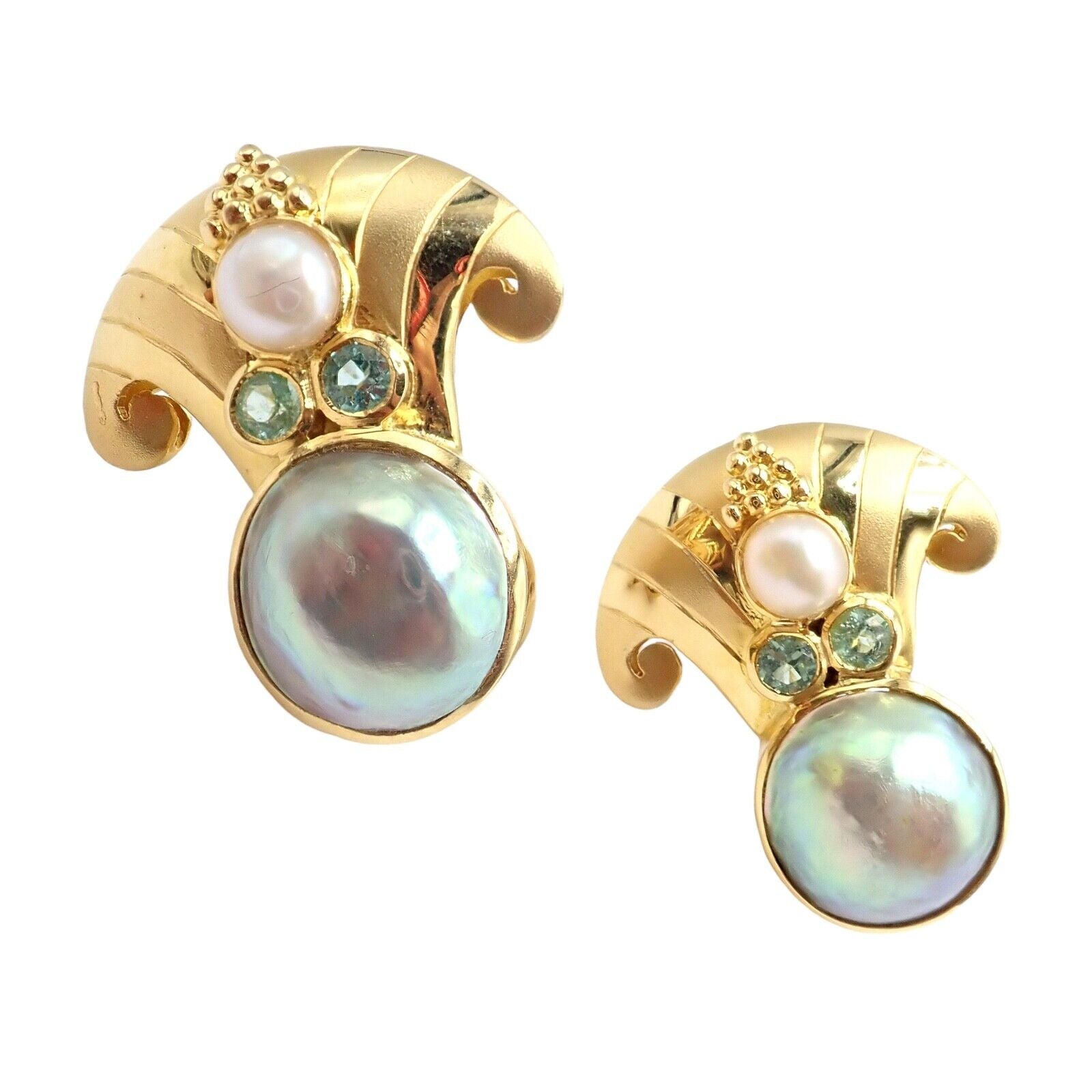 Exquisite Vintage Paula Crevoshay 18K Gold Abalone Pearl & Blue Gemstone Earrings - Unique Handmade Jewelry for Women - Perfect for Weddings, Anniversaries & Special Occasions
