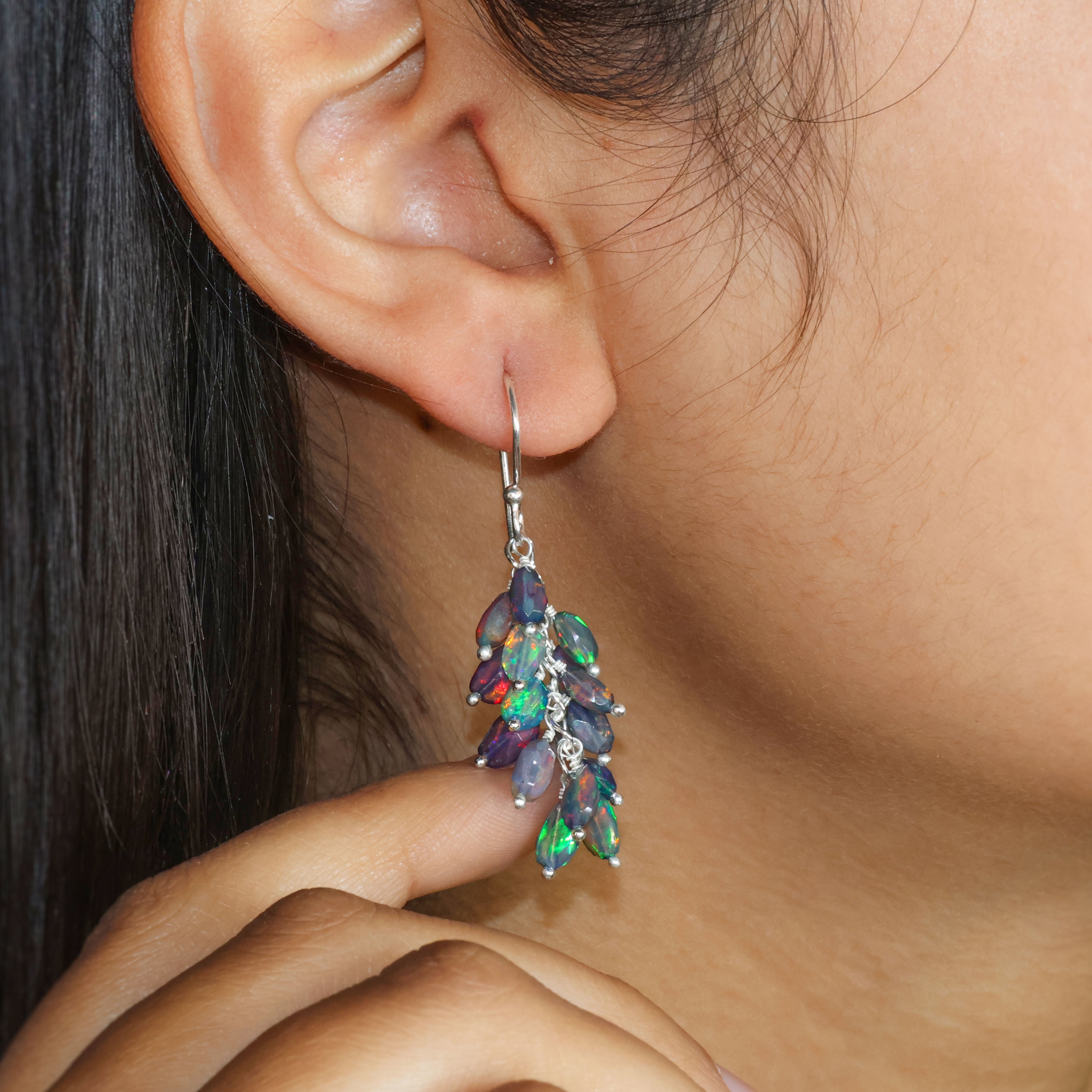 Natural Black Opal Faceted Beaded Cluster Earrings | Handmade Gemstone Jewelry for Women | Perfect for Weddings, Parties & Special Occasions