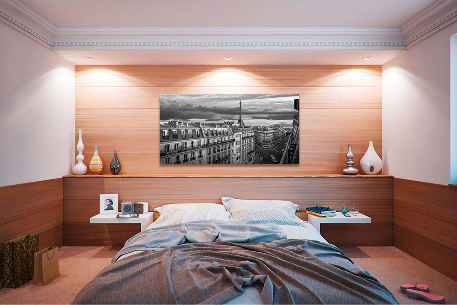 Pangea Images Art Print - Morning in Paris Black & White Cityscape Canvas Wall Art 55x28 Inches (140x70 cm) - Perfect for Living Room, Bedroom & Office Decor