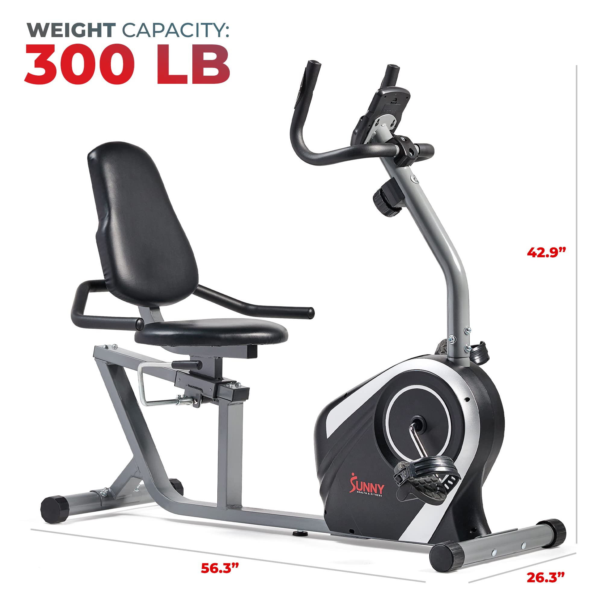 **Sunny Health & Fitness SF-RB4616 Magnetic Recumbent Exercise Bike with 300 lbs Weight Capacity, Adjustable Seat, LCD Monitor & Heart Rate Tracking - Ideal for Home Gym, Low-Impact Cardio & Rehabilitation**