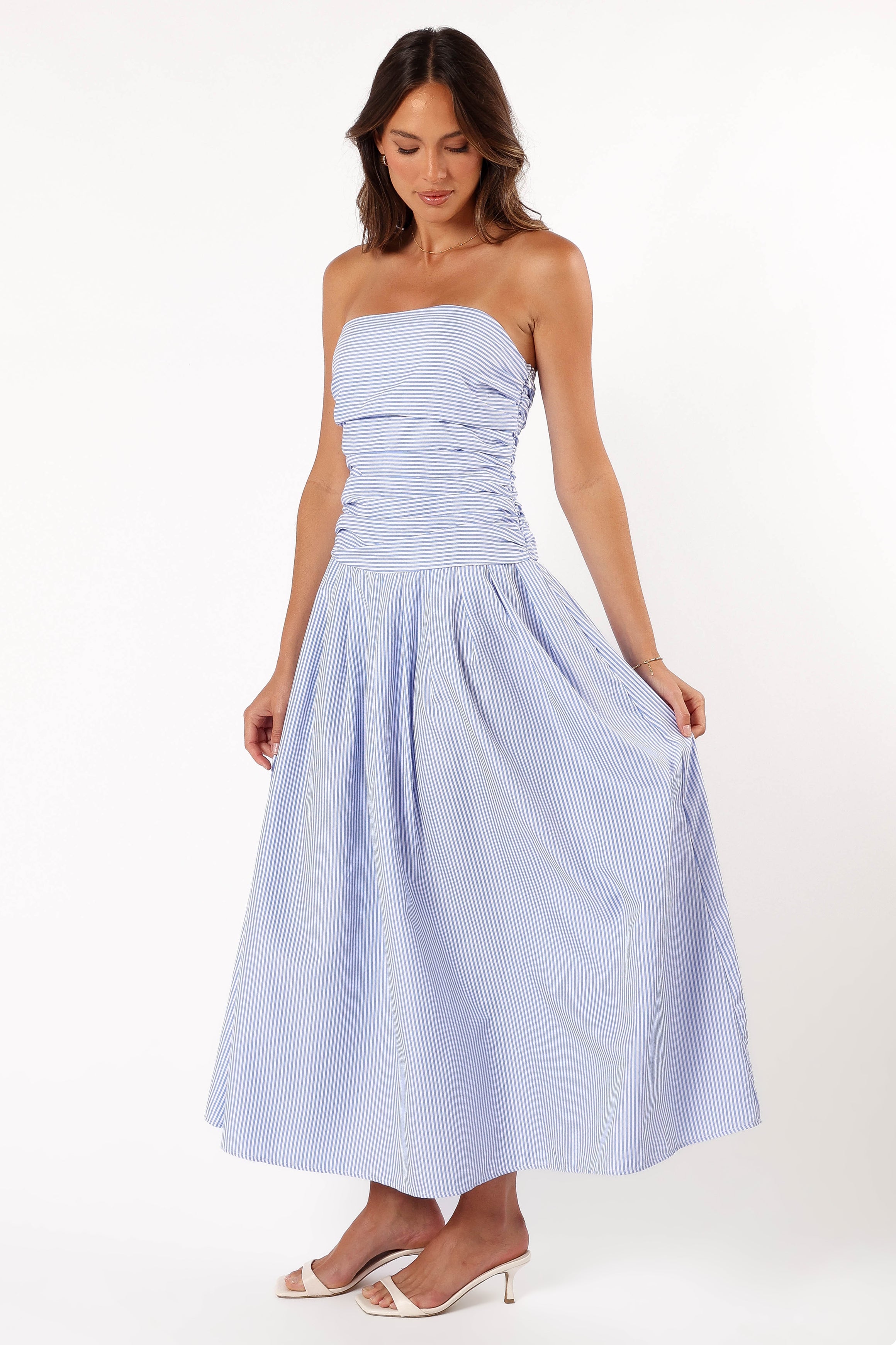 Avalee Strapless Maxi Dress - Blue Stripe Floral Summer Beach Dress for Women | Perfect for Vacations, Weddings & Outdoor Parties
