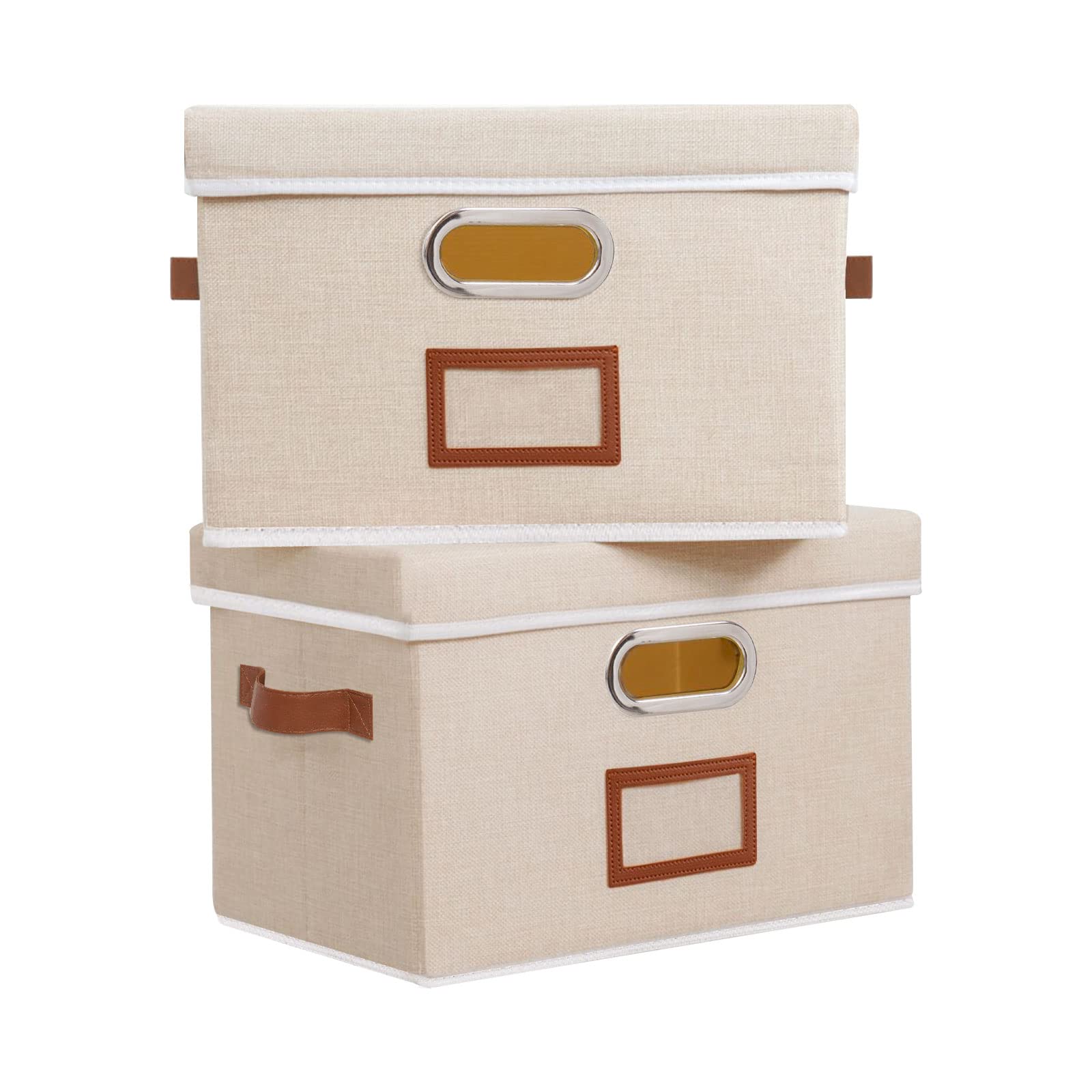 OUTBROS 2-Pack Large Collapsible Storage Bins with Lids - Foldable Fabric Storage Box Organizer with Label Window - 13 x 9 x 7.9 Inches Beige - Perfect for Home, Bedroom, Office & Closet Organization
