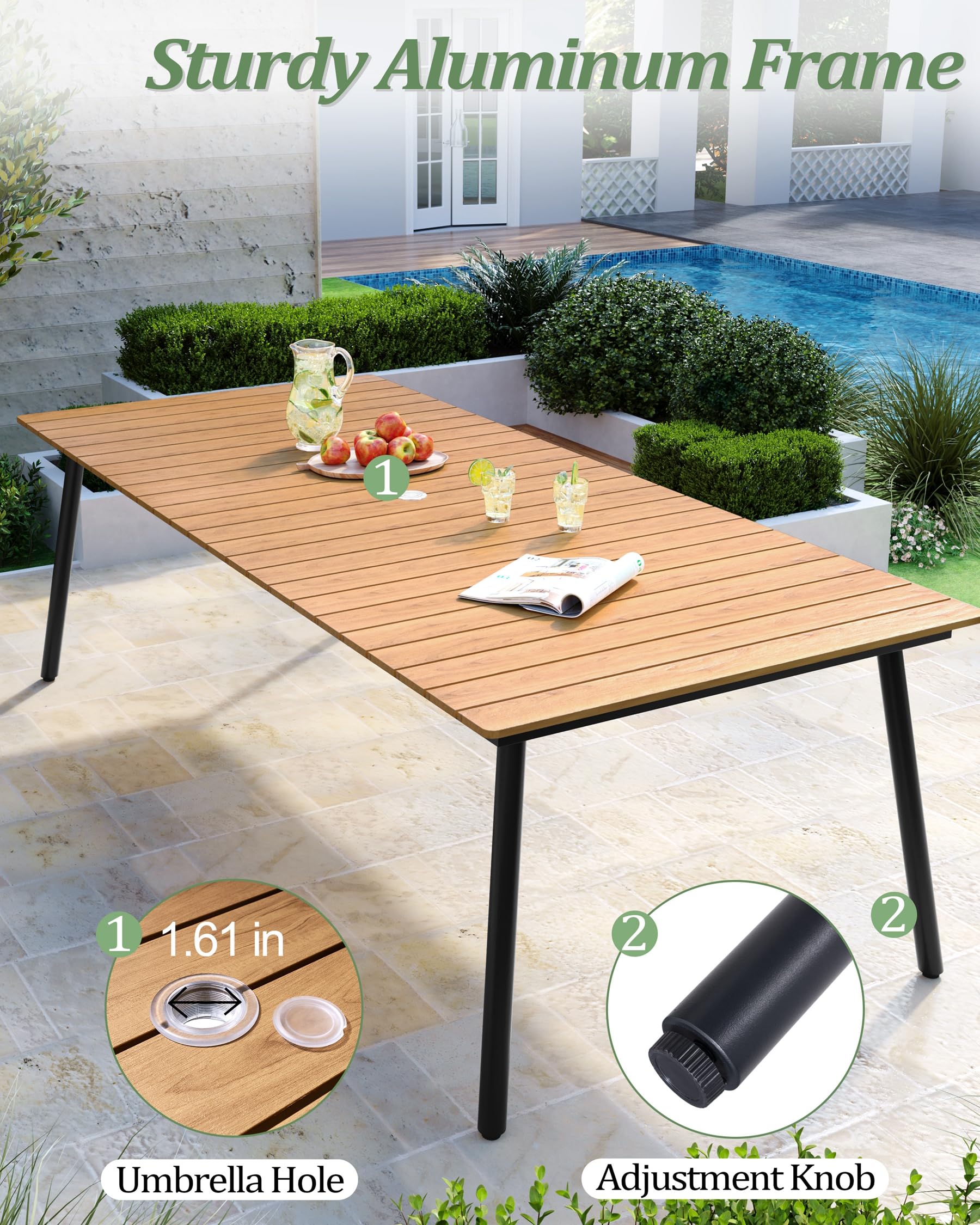 94.5 Inch Outdoor Patio Dining Table - Weather-Resistant Aluminum Frame & Wood-Like Tabletop - Rectangular Design with Umbrella Hole - Perfect for Backyard BBQs, Poolside Gatherings & Garden Parties (Brown, Table Only)