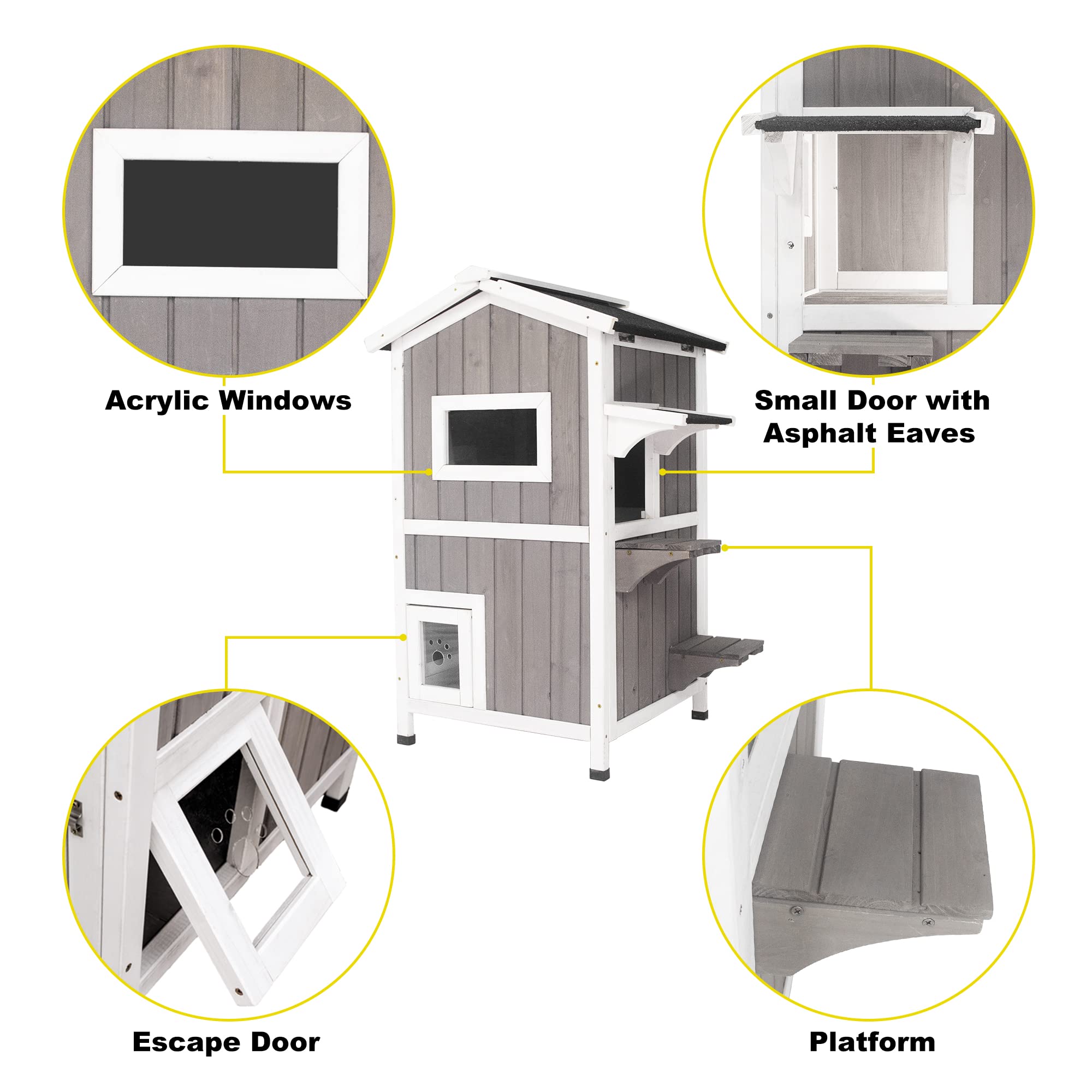 Waterproof Wooden Cat House for Indoor & Outdoor Use - 2 Story Kitty Condo with Escape Door - Perfect for Backyard, Patio, or Living Room Pet Shelter