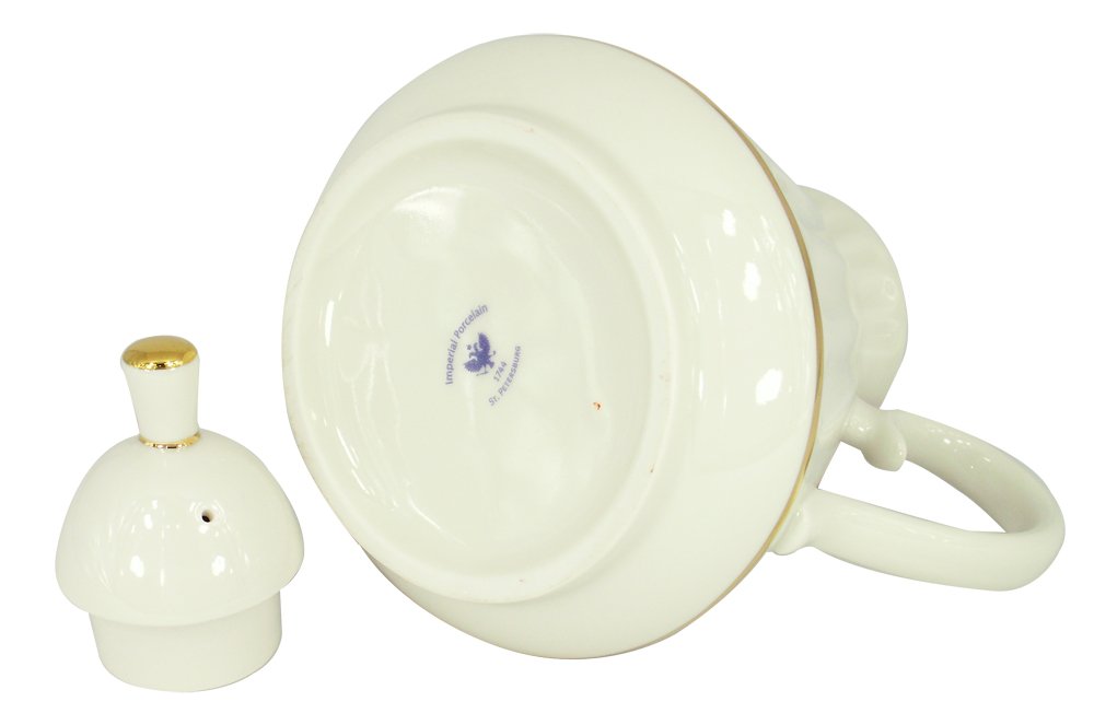 Lomonosov Porcelain Tea Set - 25 oz (750 ml) White Teapot with 5 Cups - Elegant Russian Tea Pot for Afternoon Tea, Gifts & Home Decor