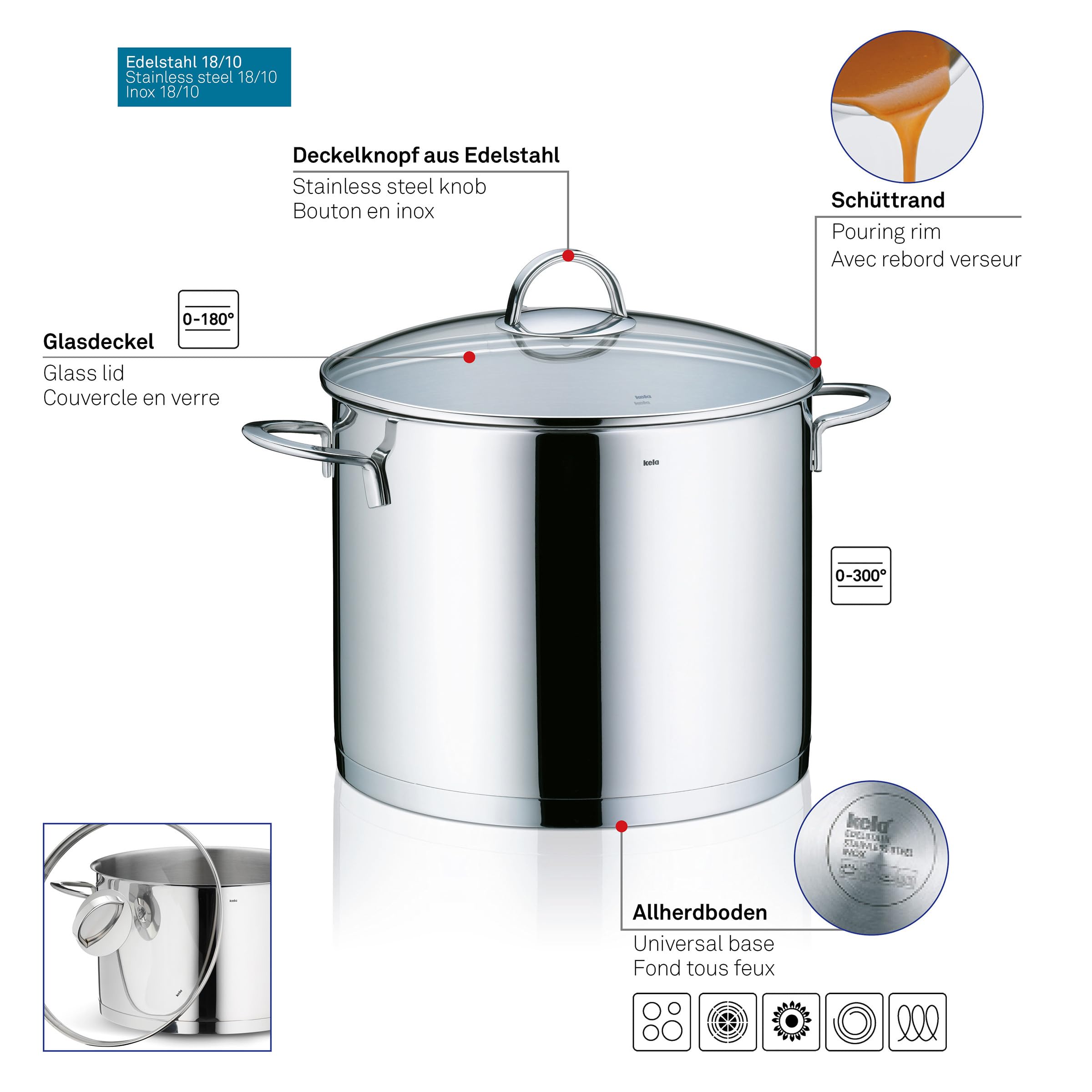 Kela Cailin 24cm Stainless Steel Stock Pot with Lid - Silver Shiny Cooking Pot for Soups, Stews, Pasta & Boiling - Durable Kitchen Cookware for Home & Restaurant Use