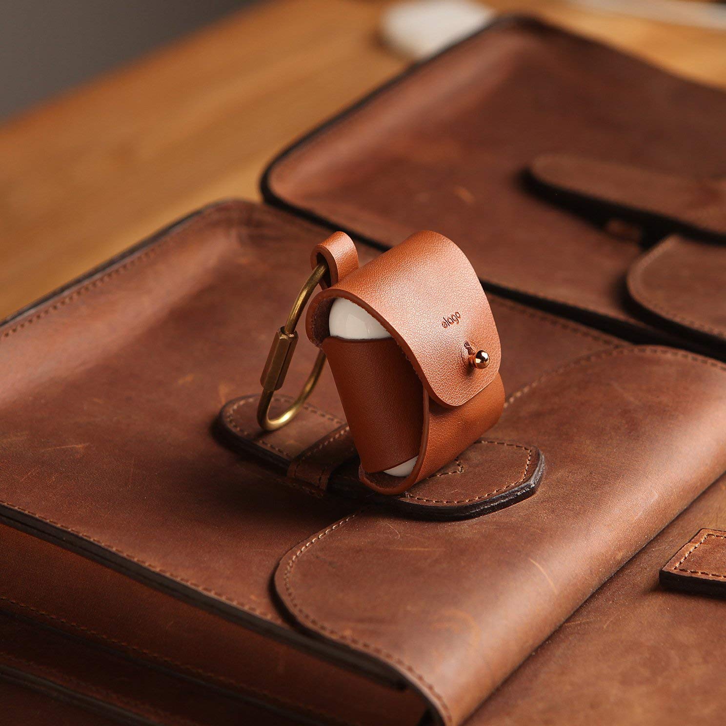 Premium Genuine Leather Case for AirPods 1 & 2 - Natural Cowhide Cover with Brass Ring Holder | Wireless Charging Compatible | Perfect for Travel, Work & Everyday Use [Black]