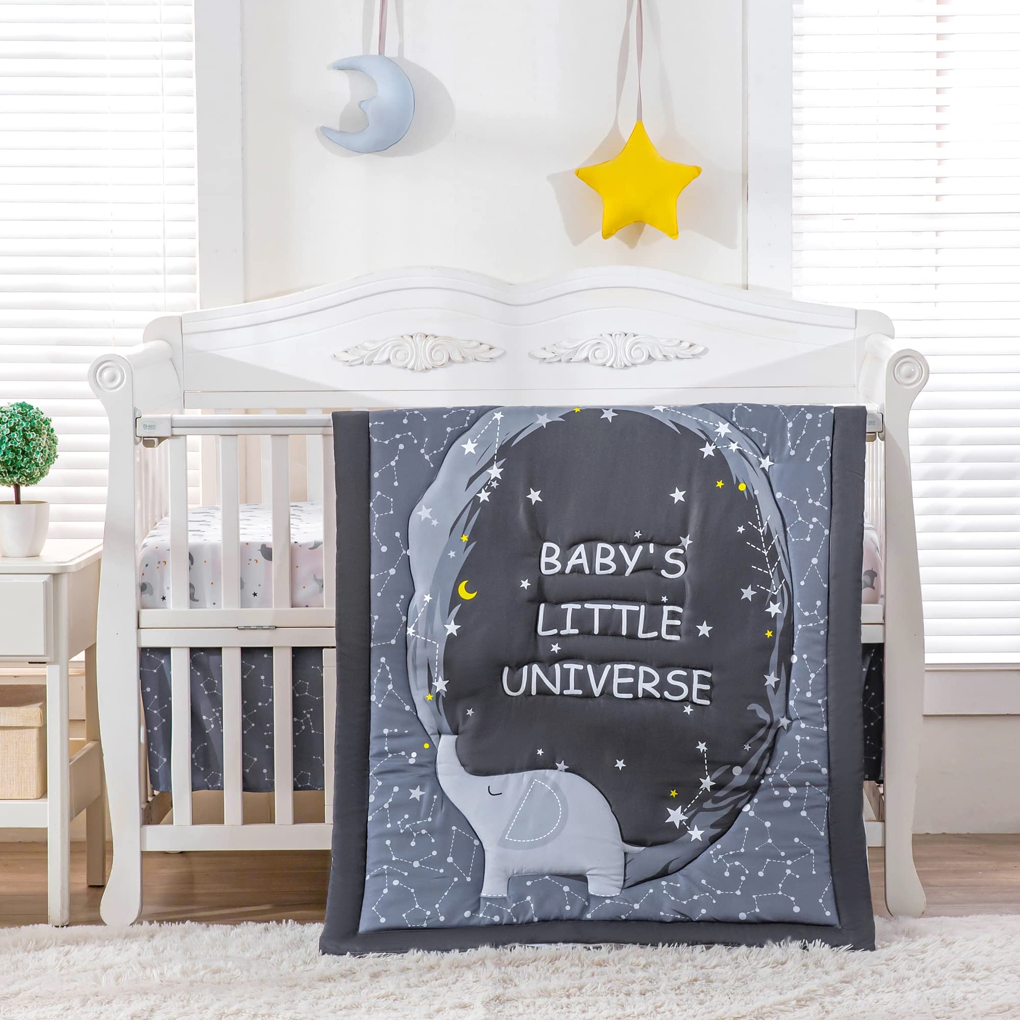 Jupeollon 3-Piece Baby Crib Bedding Set for Boys - Elephant Moon Star Theme Nursery Bedding | Soft Breathable Cotton | Includes Comforter, Fitted Sheet & Crib Skirt | Grey | Perfect for Newborns & Toddlers Nursery Decor