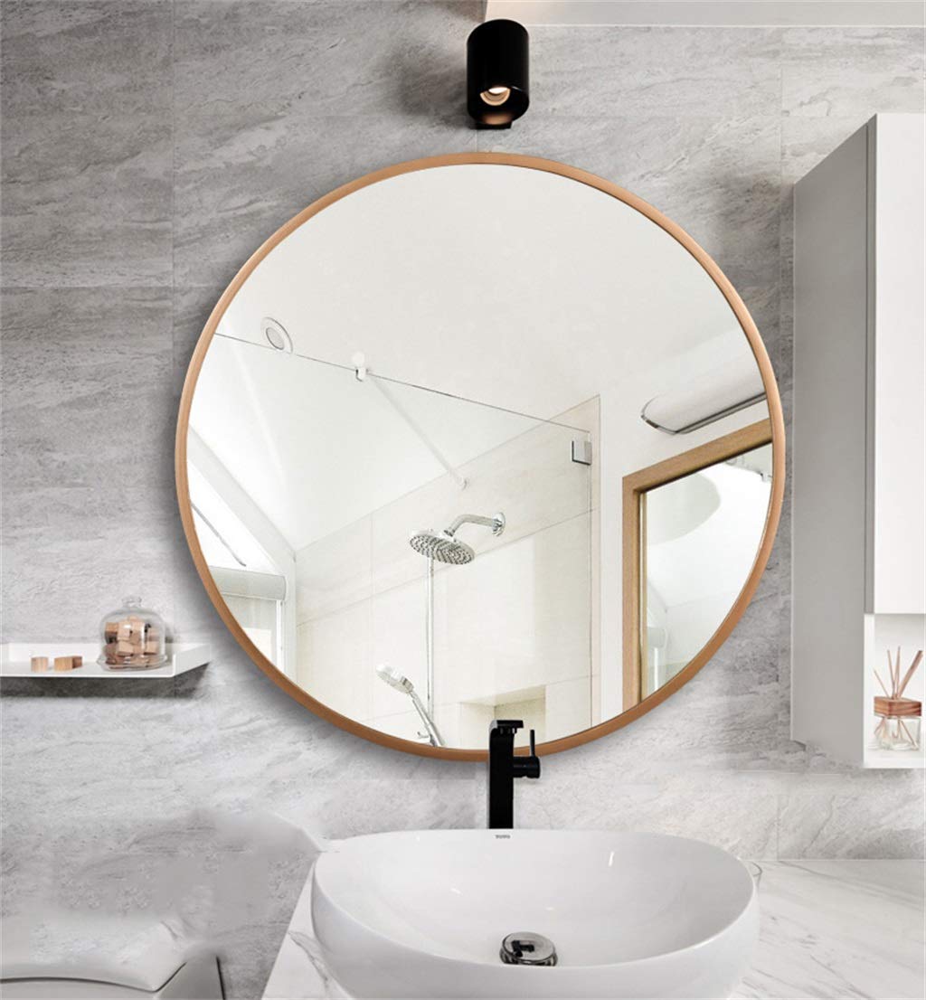 70cm Round Wall Mirror - Titanium Gold Wood Frame Vanity & Makeup Mirror for Bathroom, Bedroom, Living Room | Modern Hanging Decor for Home & Salon