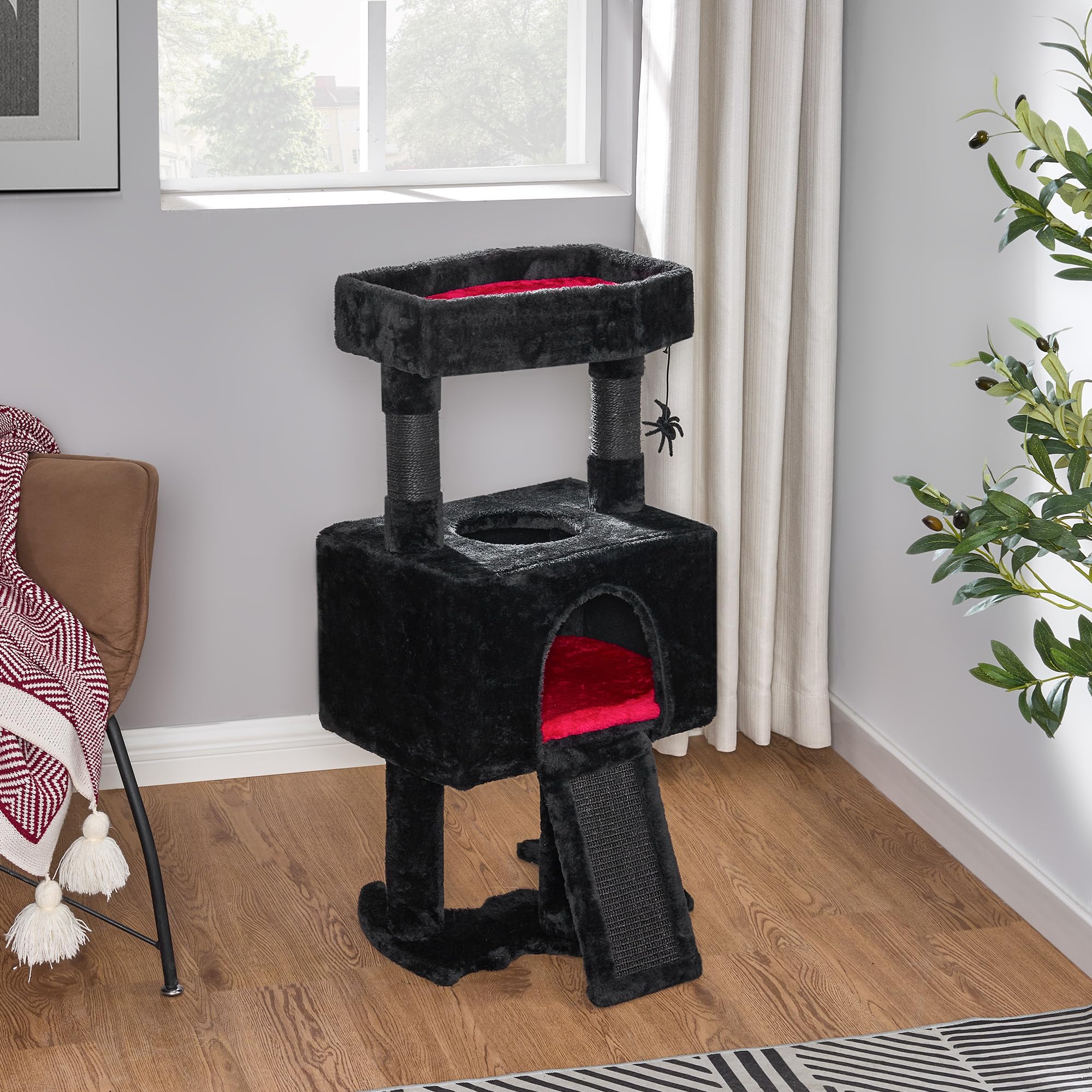 BEWISHOME Gothic Cat Tree with Coffin Cat Bed - Black & Red Halloween Cat Tower with Scratching Post, Soft Cushion & Spider Hanging Ball - Spacious Cat Condo for Play & Rest - Perfect Gothic Pet Furniture for Halloween Decor & Everyday Use