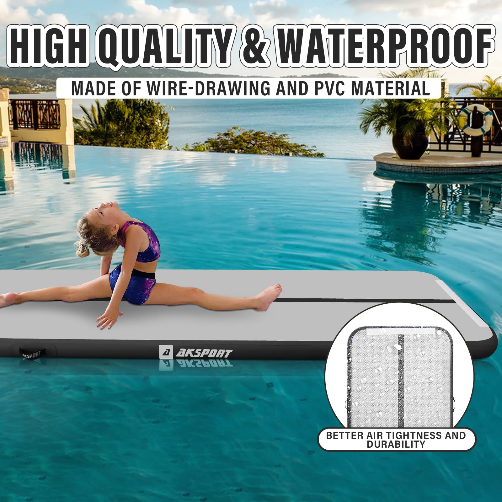 AKSPORT Inflatable Gymnastics Mat Tumble Track - 10ft 13ft 16ft 20ft 23ft Air Tumbling Mat with Pump for Home Gym, Cheerleading, Yoga & Kids Play - Portable Training Equipment for Indoor/Outdoor Use
