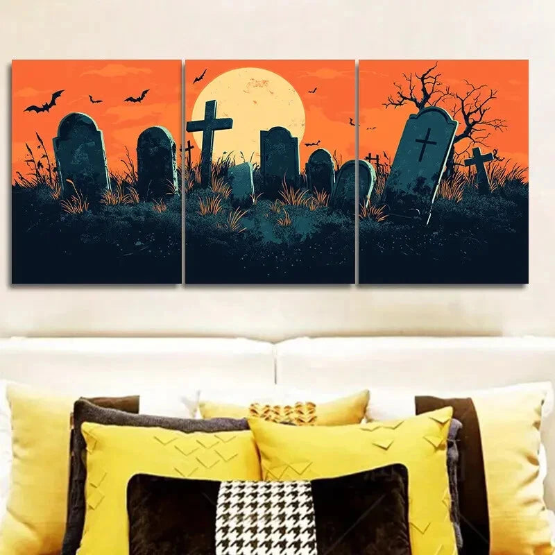 3pcs Eerie Graveyard Scene Metal Wall Art with Bats & Full Moon - Gothic Halloween Decor for Home, Office & Party (Ready to Hang)