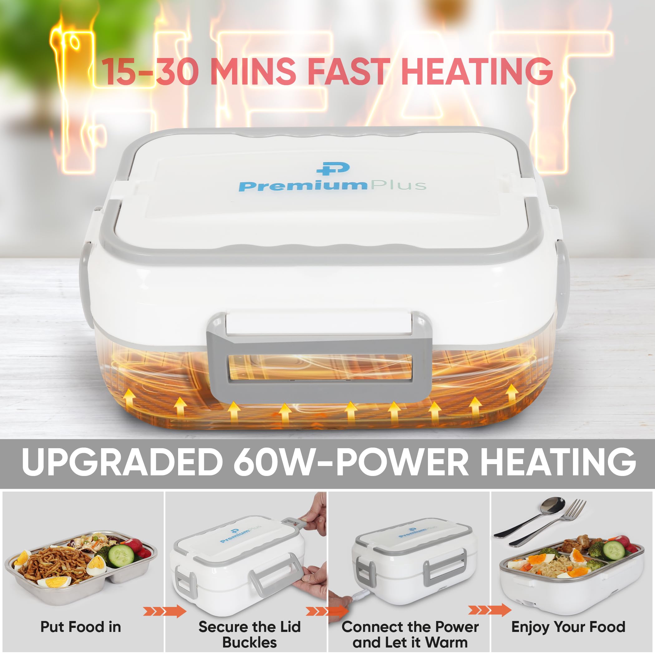 PremiumPlus Electric Lunch Box Food Warmer - Portable 1.5L Crockpot for Work, Car & Truck - 60W 12V/24V/110V Heater with Carrying Bag, Fork & Spoon - White - Perfect for Office Lunch, Commuting & Road Trips