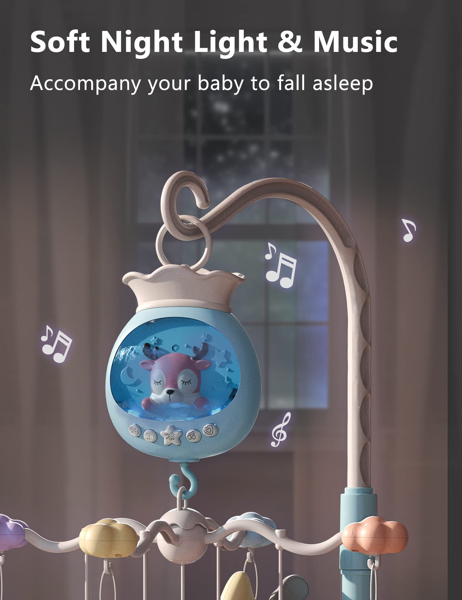 **Baby Crib Mobile with Music & Lights - Remote Control Hanging Rotating Animal Rattles, 50 Lullabies & Timer - Cartoon Nursery Toy for Girls & Boys (Baby Blue) - Perfect for Soothing & Entertaining Infants**