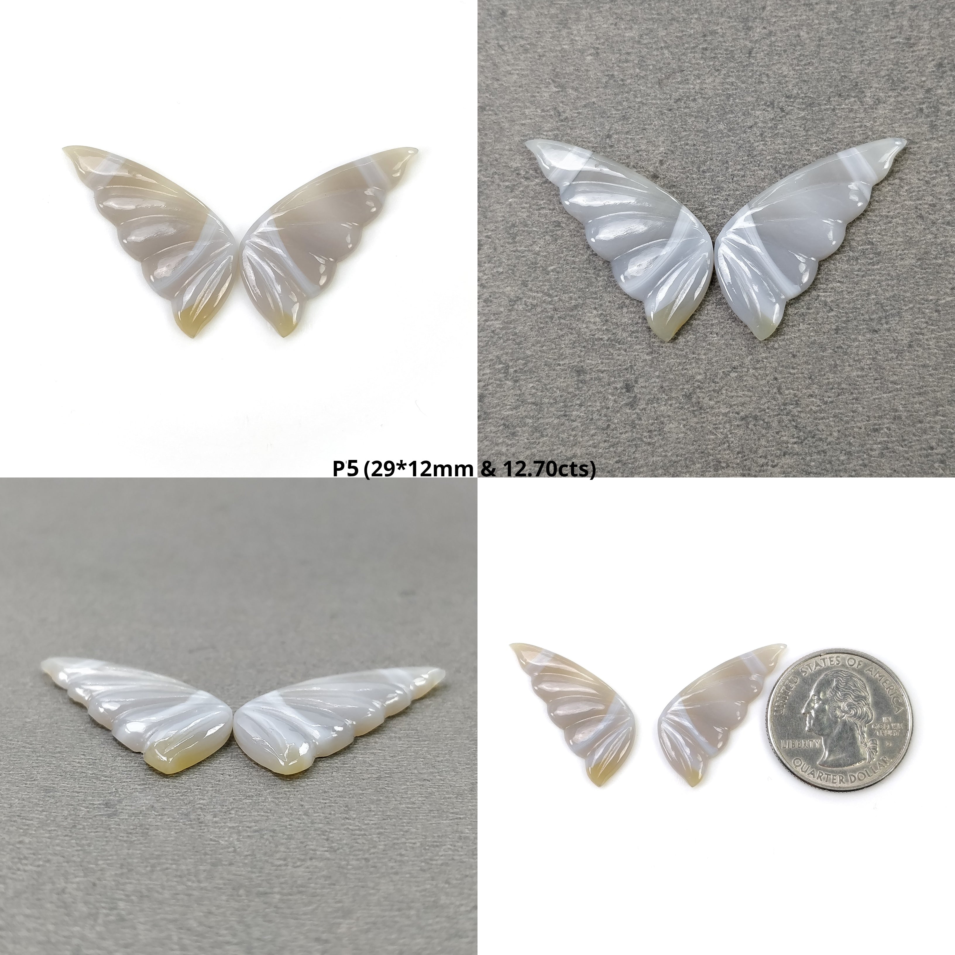 Natural Untreated Botswana Striped Agate Gemstone Carving - Hand Carved Bi-Color Agate Butterfly Pair (27x12mm & 31x11mm) | Unique Jewelry Making Supplies, Crystal Healing, Meditation & Gift Idea