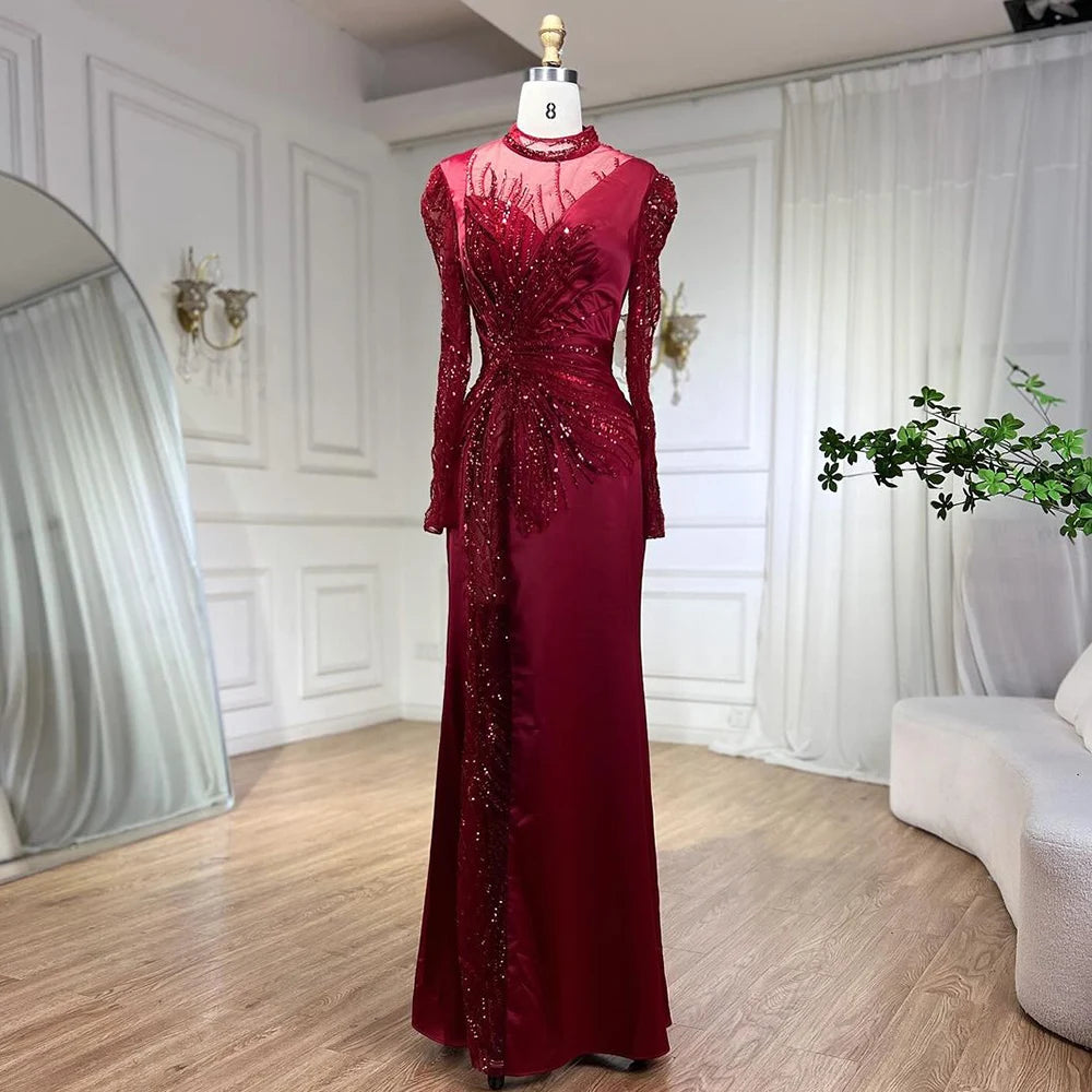 Serene Hill Wine Red Mermaid Luxury Lace Beaded Satin Evening Dress - Dubai Formal Gown for Women 2025 | Wedding, Party, Prom, Gala & Special Occasion Wear | LA72202