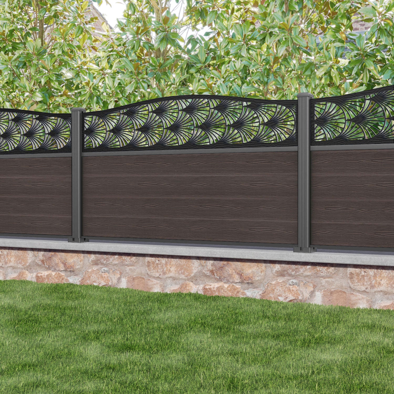Classic Laurel Curved Top Fence Panel - Mid Brown Wood Privacy Screen with Aluminum Posts | Outdoor Garden Fence, Backyard Privacy Screen, Patio & Poolside Barrier