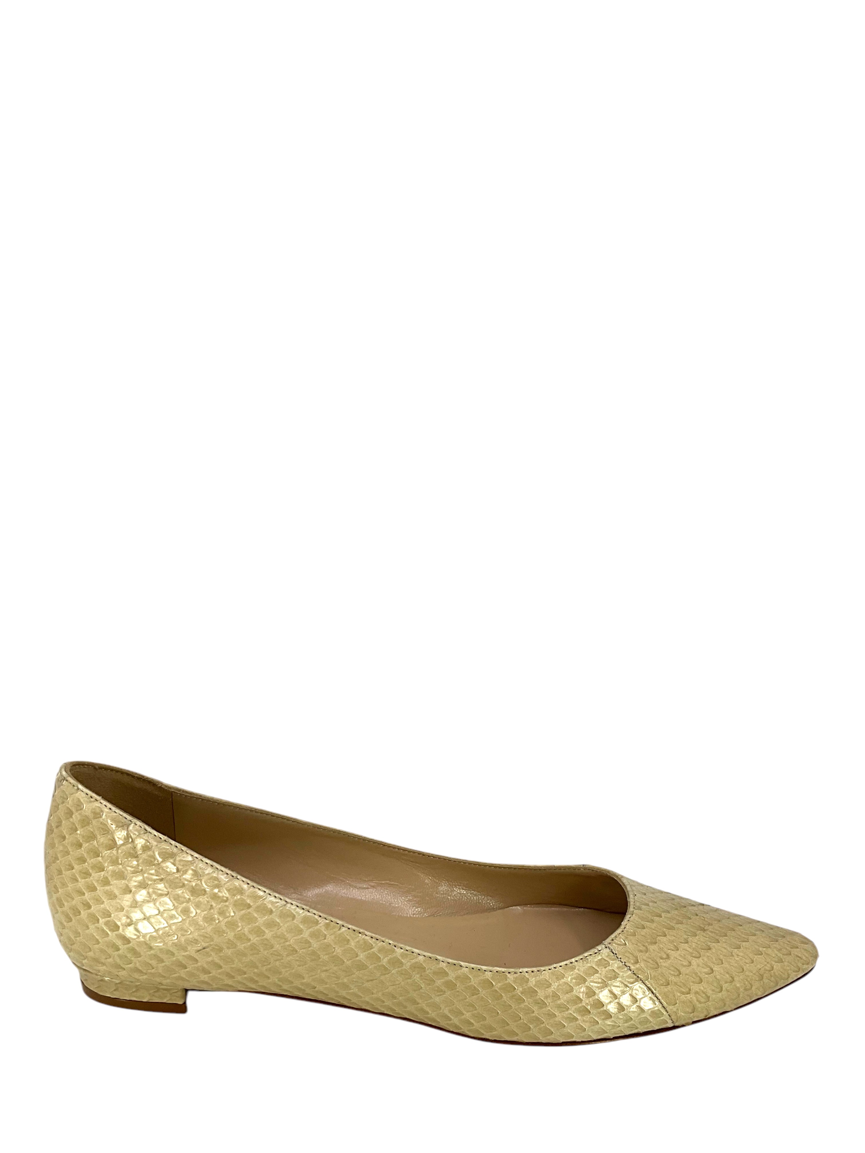 Manolo Blahnik BB Ballerina Flats - Women's Size 7 Genuine Snakeskin Leather Pointed Toe Ballet Shoes for Work, Party & Special Occasions