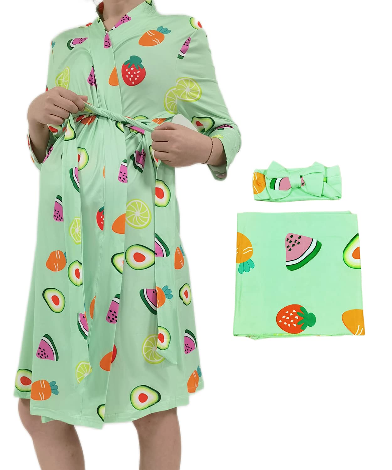 Maternity Nursing Robe for Women - 3-in-1 Pregnancy Hospital Gown, Breastfeeding & Delivery Nightgown with Matching Swaddle Set | Comfortable Postpartum, Labor & Nursing Wear for New Moms