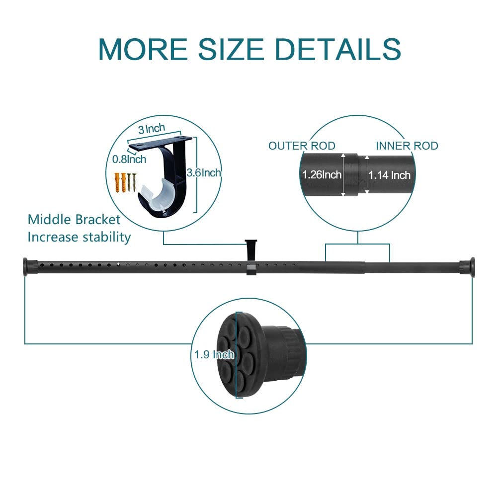 No Drill Room Divider Tension Curtain Rod - 122 to 150 Inch Adjustable Black Shower Window Rod for Bathroom, Bedroom & Living Room Partition