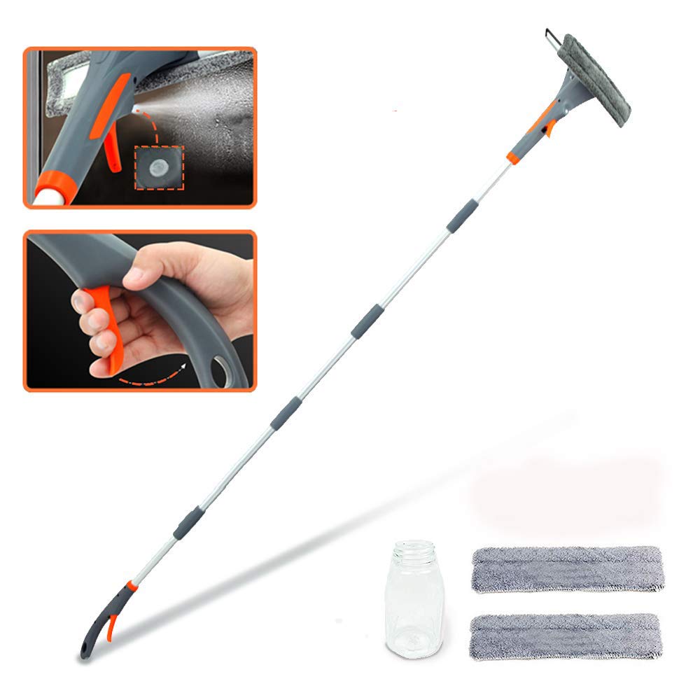 2022 Upgraded 3-in-1 Extendable Window Squeegee with Spray - 76'' Adjustable Window Cleaner Kit for Indoor & Outdoor High Windows (Includes 2 Pads) - Perfect for Hard-to-Reach Windows, Balcony Glass & Skylight Cleaning