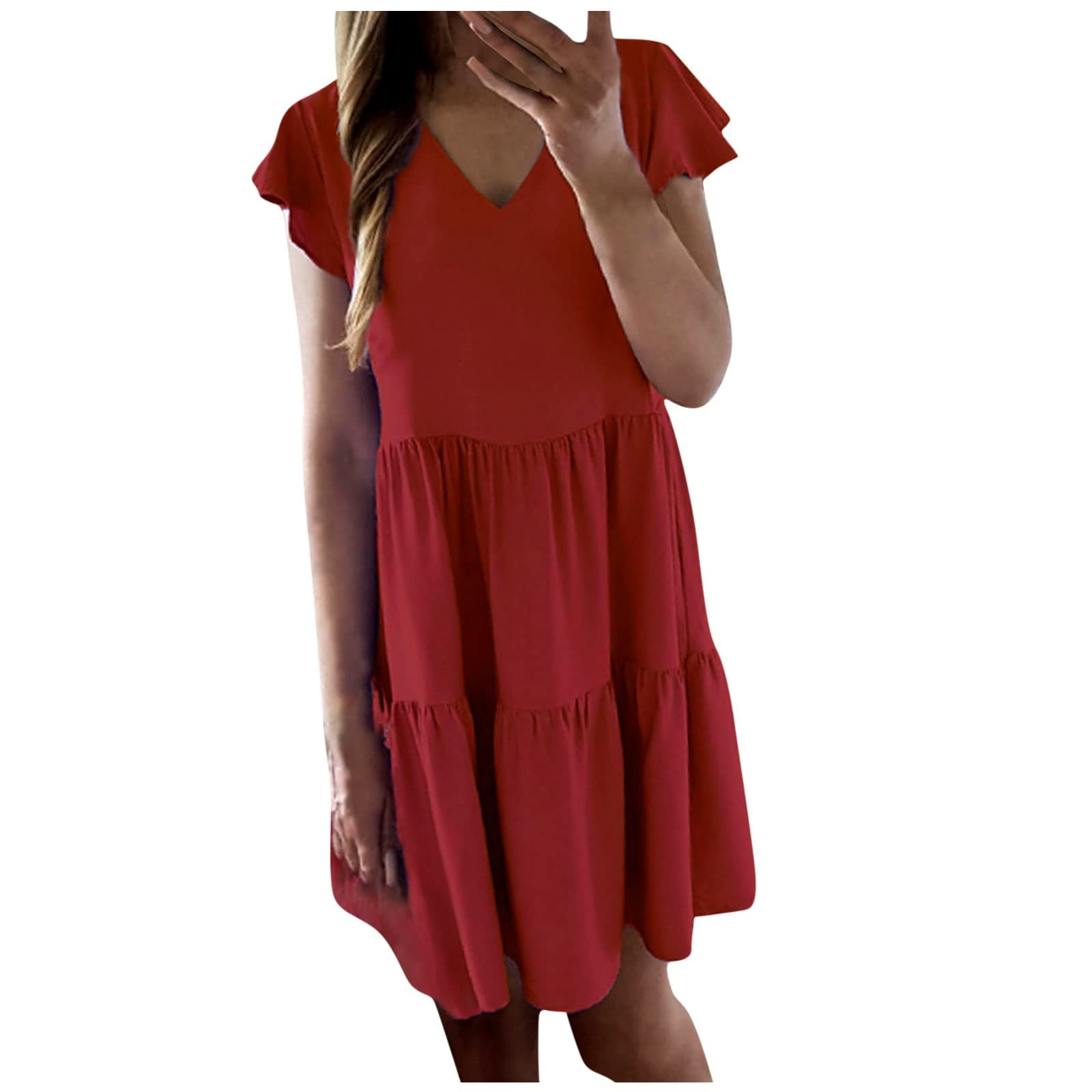 Women's Red Ruffle Pleated Sleeveless Midi Dress - Summer Casual Slub Fit Dress for Party, Date Night & Vacation | 2022 Trendy Layered Dress