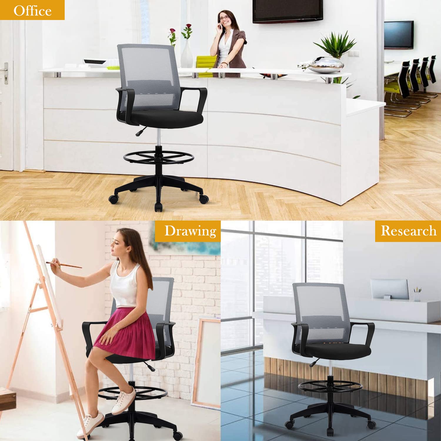 Ergonomic Drafting Chair - Adjustable Height Mid Back Office Chair with Lumbar Support & Foot Ring - Mesh Computer Stool for Standing Desk - Perfect for Architects, Designers & Long Work Hours