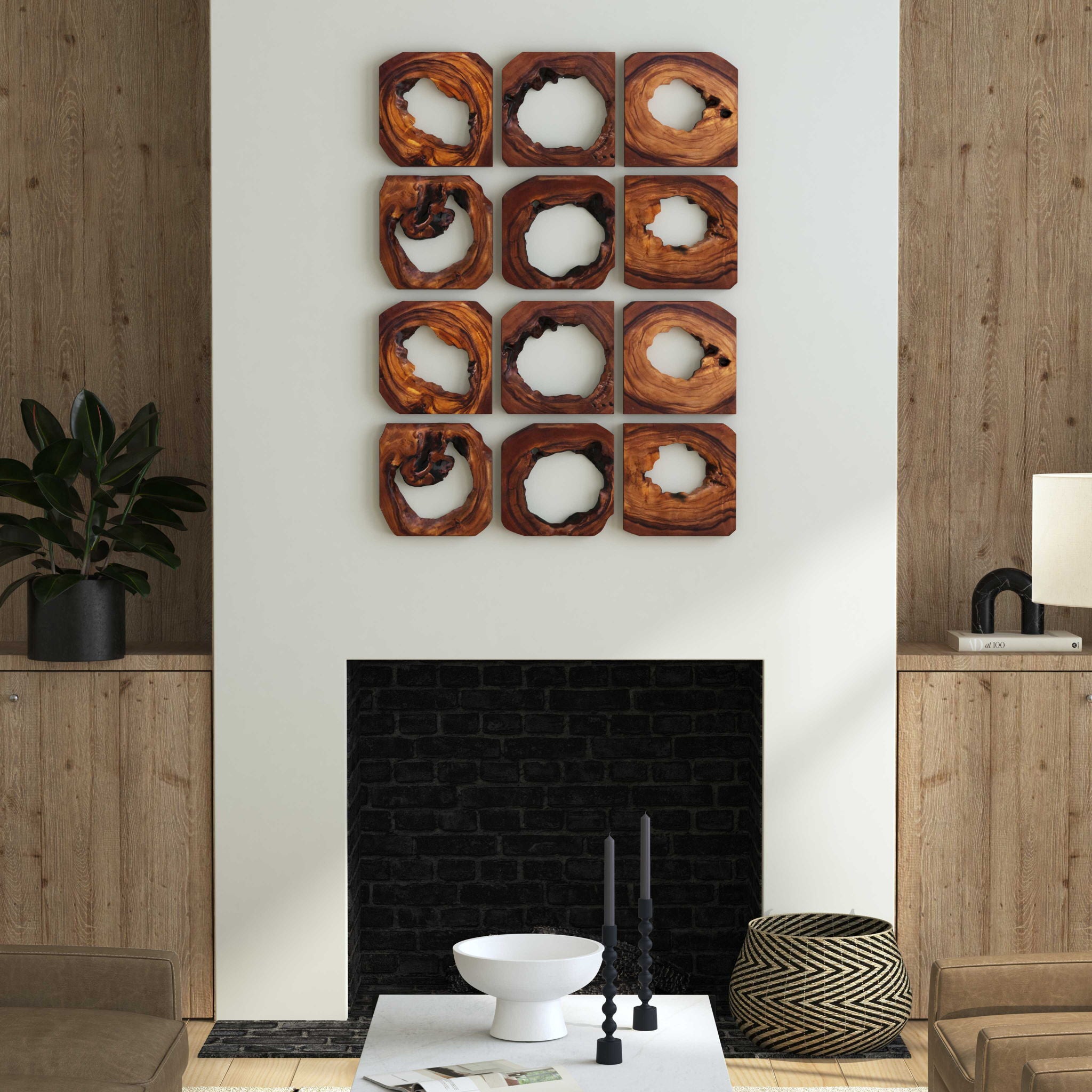Adlai Wood Wall Art Set of 6 - Dark Brown Wooden Decor for Living Room, Bedroom & Office - Modern Home Wall Decorations