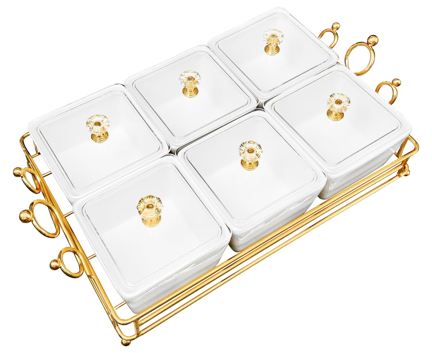 Premium Ceramic Bowls with Gold Lids & Serving Tray Set - 6 Removable Small Bowls for Snacks, Nuts, Fruits, Candy & Condiments | Elegant Party Serving Dish, Holiday Gift Idea & Home Decor for Dining Table, Kitchen Counter & Entertaining Guests