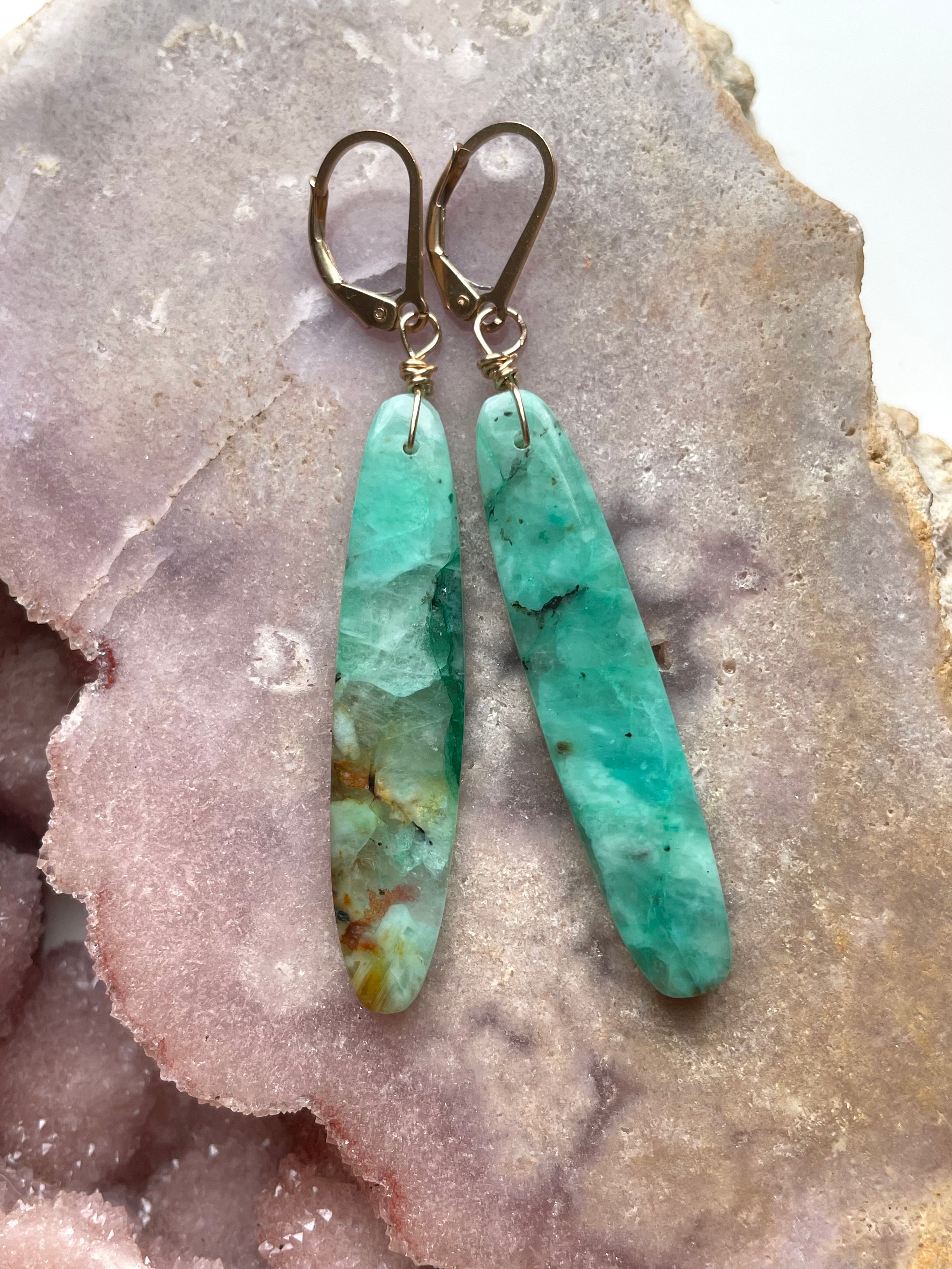 Chrysocolla Gold Filled Statement Crystal Gemstone Earrings for Women - Elegant Dangle Drop Earrings for Party, Wedding & Special Occasions