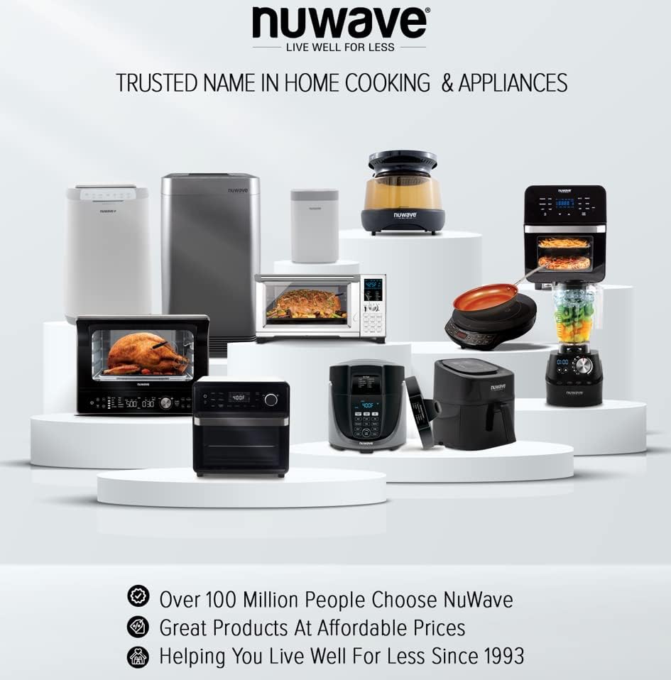 NUWAVE Brio 8-Quart Air Fryer with 1800W Power - Digital Display, Precise 50°F to 400°F Temperature Control - 100 Presets & 50 Memory Slots - Built-in Smart Thermometer & Linear T Technology - Perfect for Healthy Cooking, Family Meals & Quick Snacks