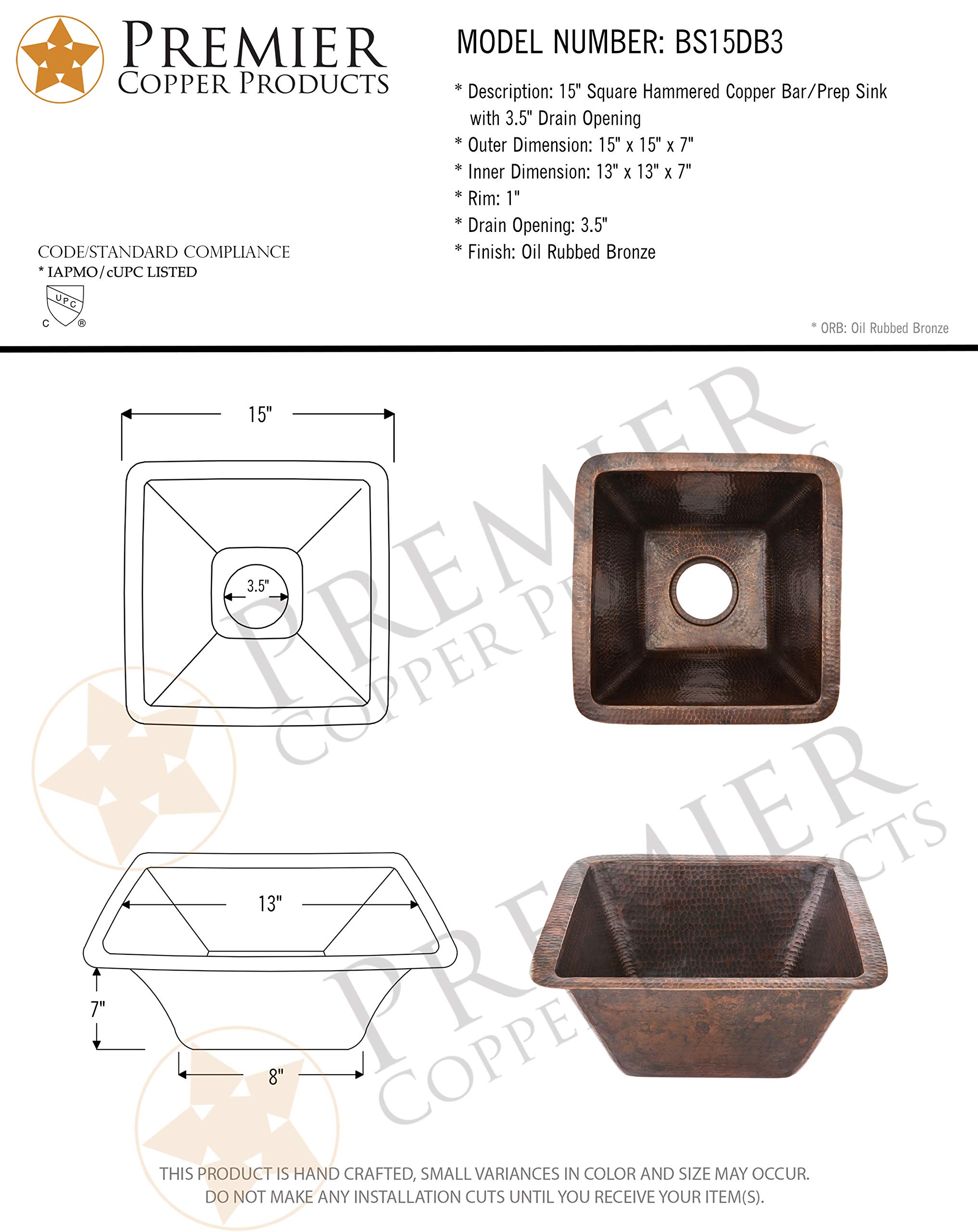Premier Copper Products BS15DB3 15-Inch Hammered Copper Farmhouse Sink - Oil Rubbed Bronze Finish, 3.5-Inch Drain - Perfect for Kitchen & Bathroom Renovations