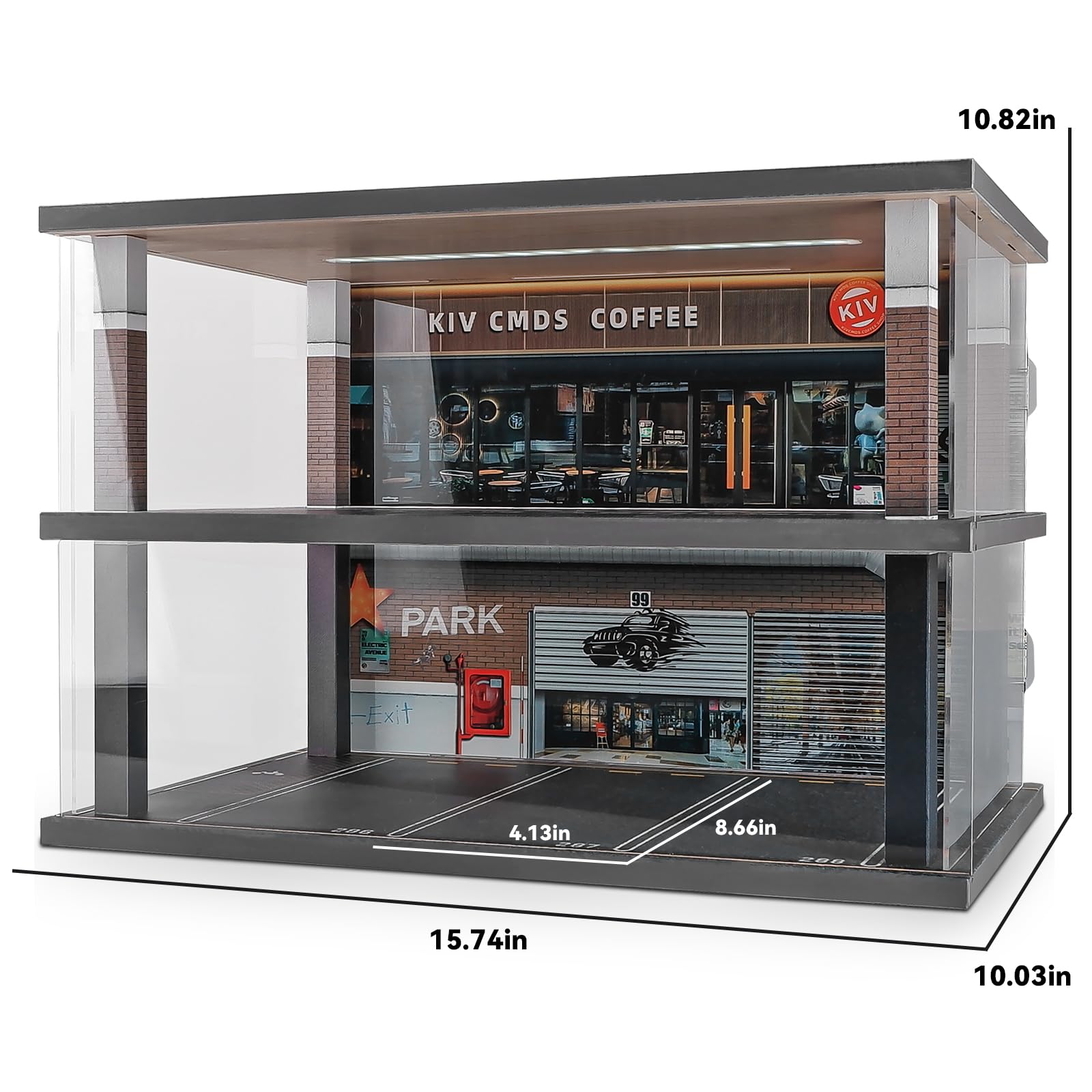 1:24 Scale Alloy Car Model Display Case with LED Light & Dust Cover - Coffee Bar Parking Lot Scene for Diecast Toy Cars, Lego & Collectibles - Perfect for Home Decoration, Gift & Showcase