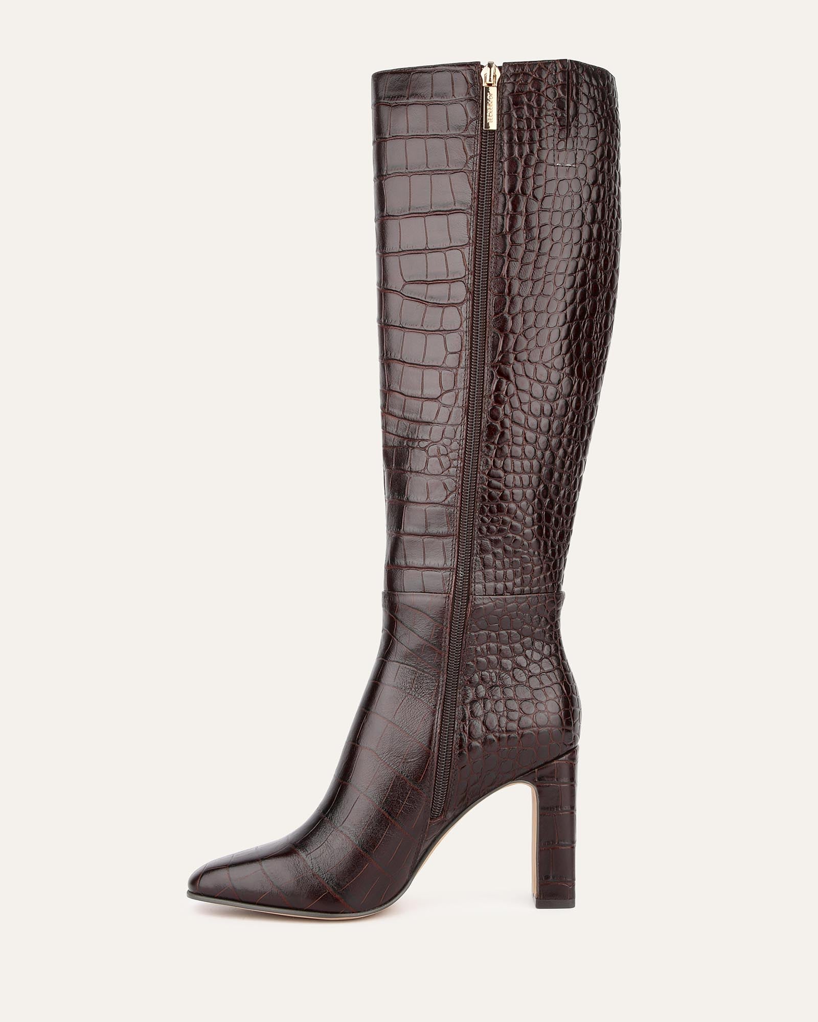 STORMI Women's Knee High Boots in Chocolate Croc Embossed Leather - Stylish & Comfortable for Fall, Winter & Outdoor Activities