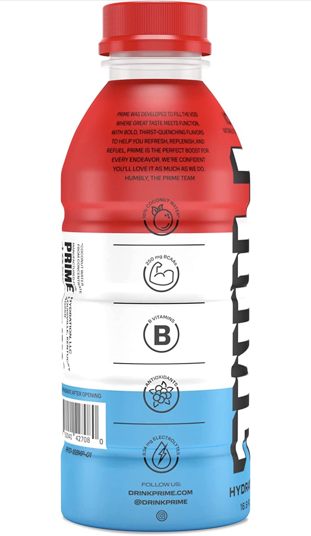 Prime Hydration Sports Drink - Ice Pop Flavor | Naturally Flavored with 10% Coconut Water | 250mg BCAAs, B Vitamins & Antioxidants | 834mg Electrolytes | Low Calorie (20cal/16.9oz) | 15 Pack | Perfect for Workouts, Sports & Active Lifestyles
