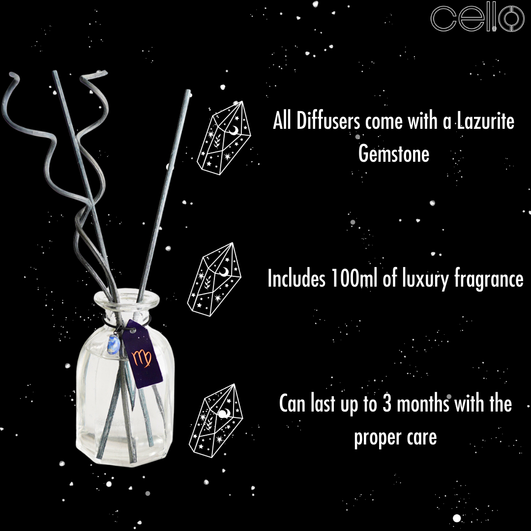 Premium Cello Zodiac Reed Diffuser - Virgo Scent with Lazurite Gemstone | Aromatherapy Home Decor for Relaxation & Stress Relief